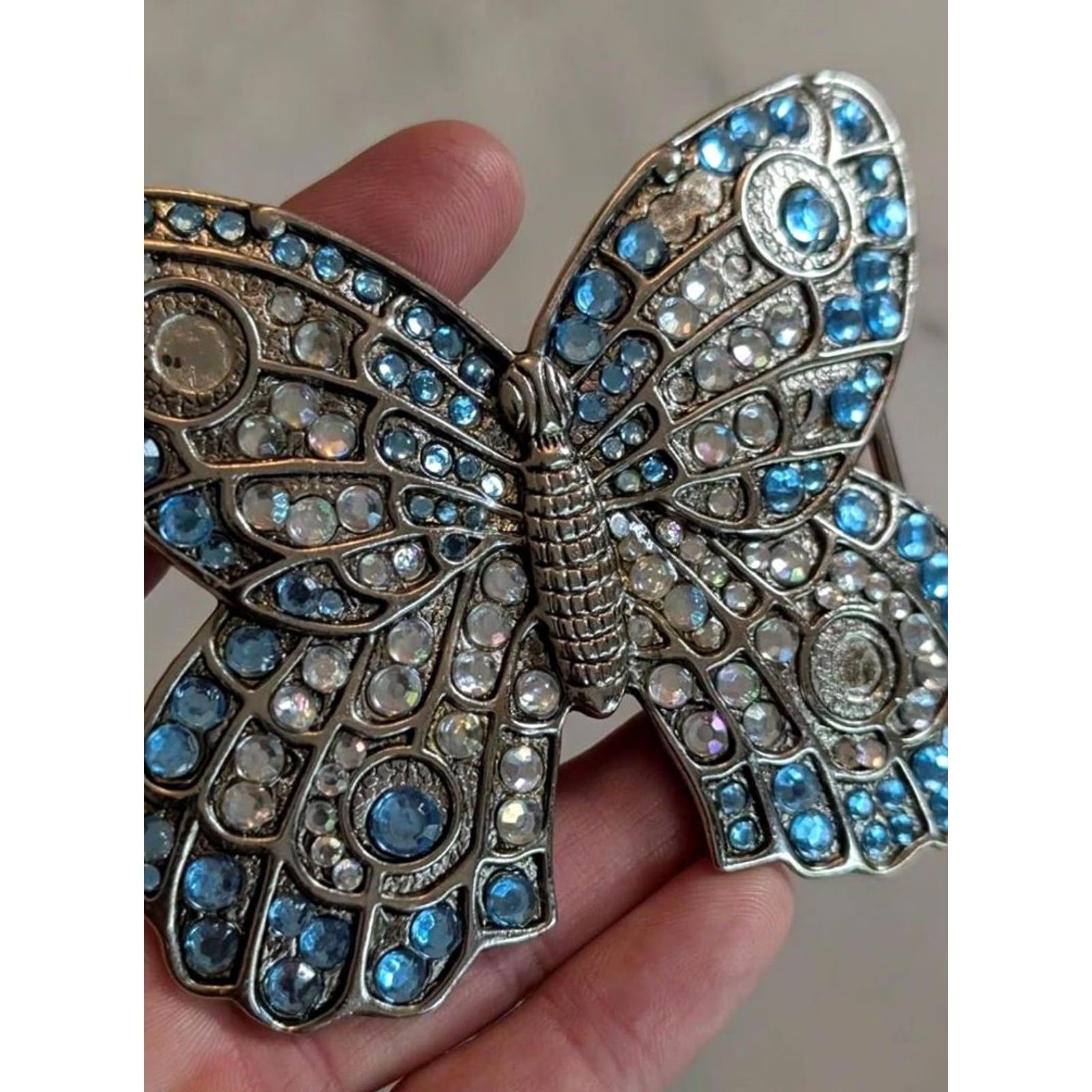 Vintage VINTAGE Butterfly Belt Buckle RHINESTONE Western Studded Mens 3.25x4" Blue Silver Fits 1.5" Belt max Size ONE SIZE - 2 Thumbnail