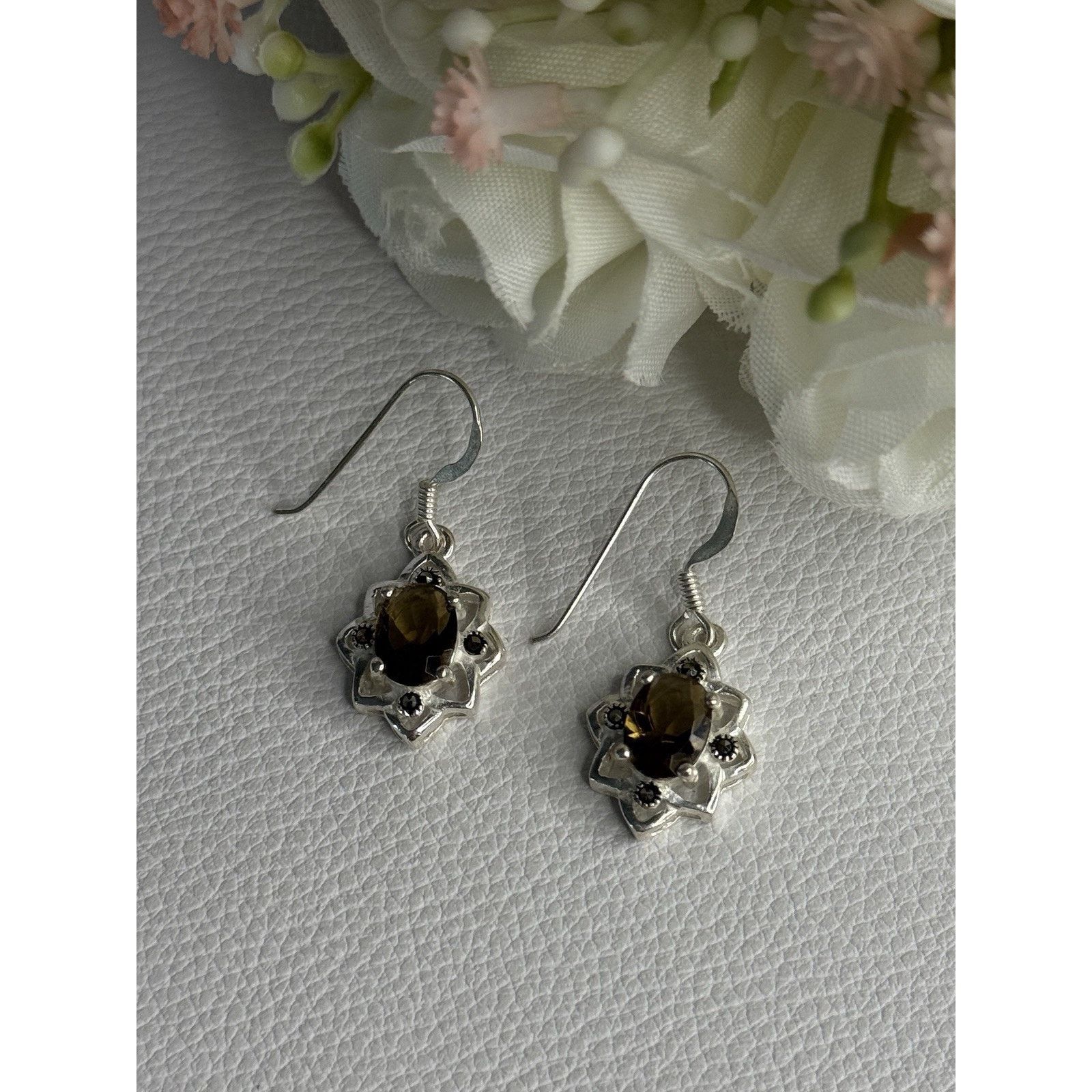 Jewelry 925 STERLING SILVER HESSONITE & MARCASITE EARRINGS Size ONE SIZE - 5 Thumbnail