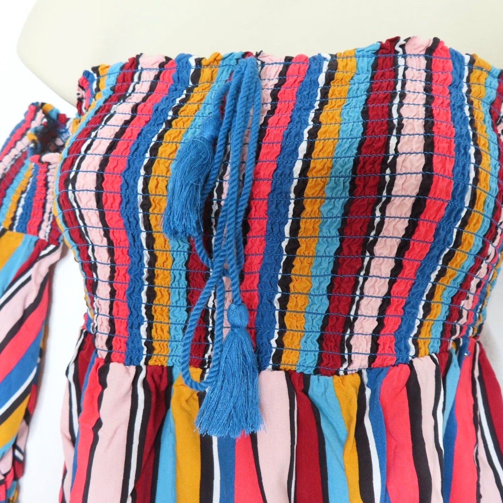 Guess GUESS Womens XS Off Shoulder Striped Sundress Smocked Multicolor Dress Sundress Size XS / US 0-2 / IT 36-38 - 3 Thumbnail