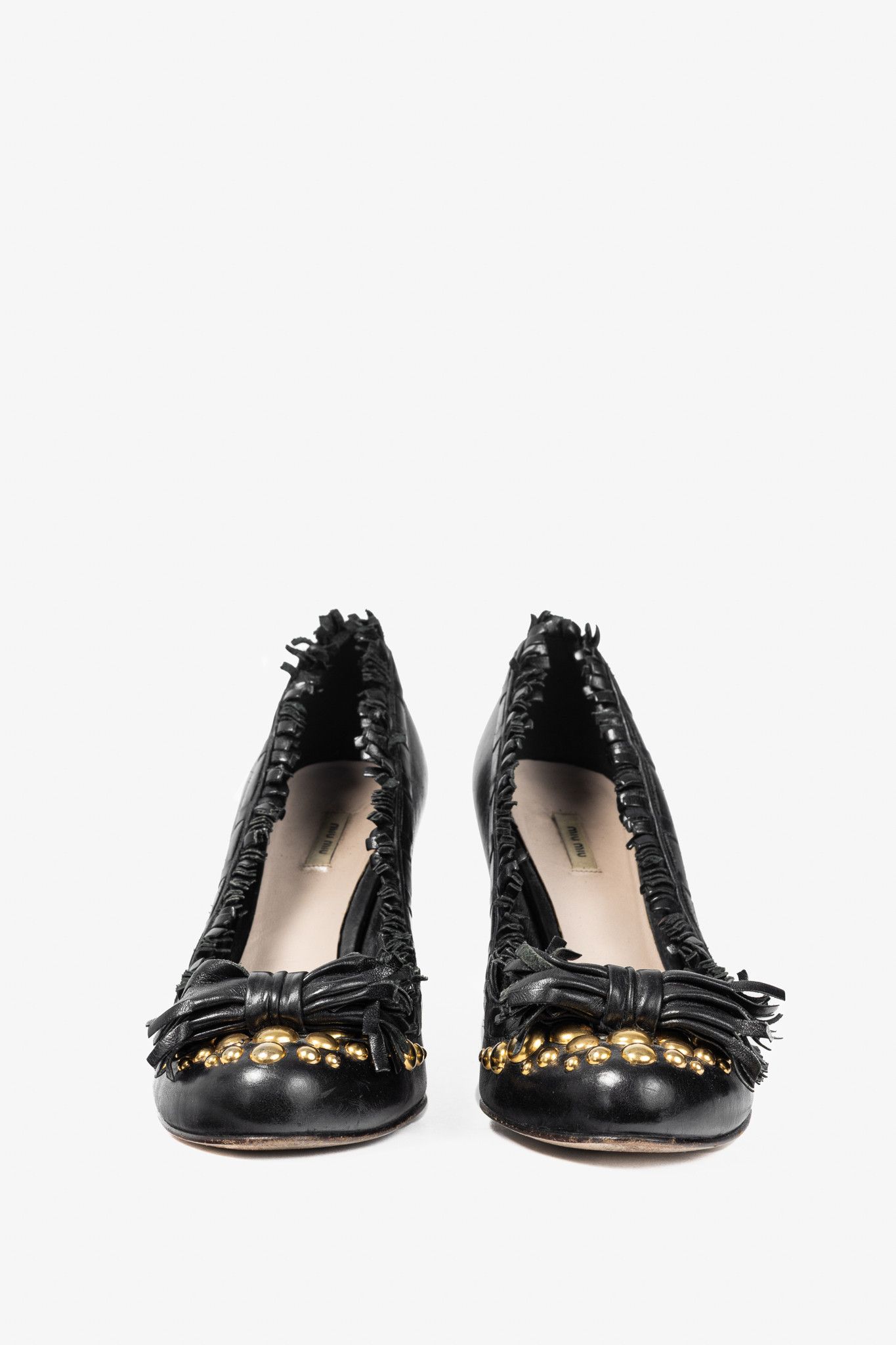 Miu Miu Miu Miu Black Leather Fringe-Trim Studded Bow Heels Size US 6 / IT 36 - 2 Thumbnail