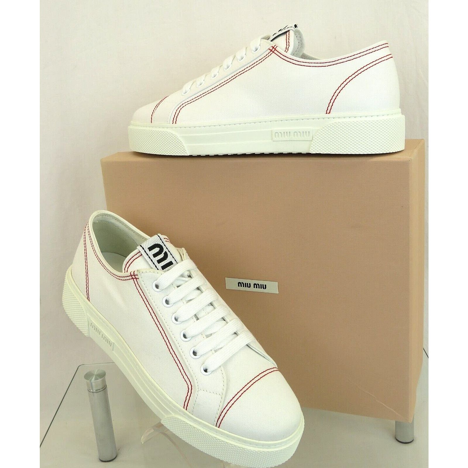 Miu Miu 5E004D WHITE CANVAS RED STITCHING LOGO LACE SNEAKERS 40 Size US 10 / IT 40 - 3 Thumbnail