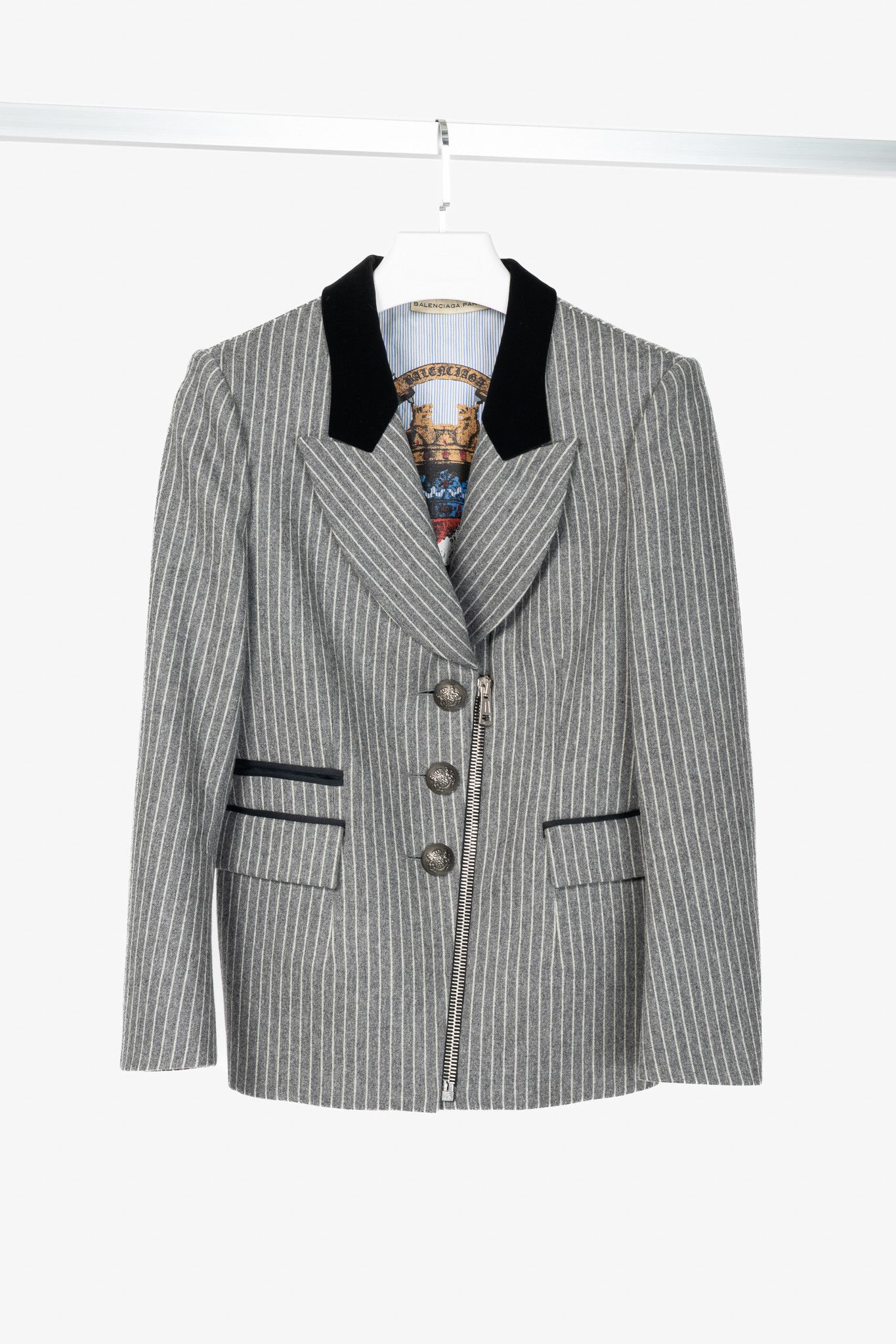 Balenciaga Balenciaga AW07 Pinstripe Wool-Flannel Velvet-Lapel Blazer Size XL / US 12-14 / IT 48-50 - 1 Thumbnail