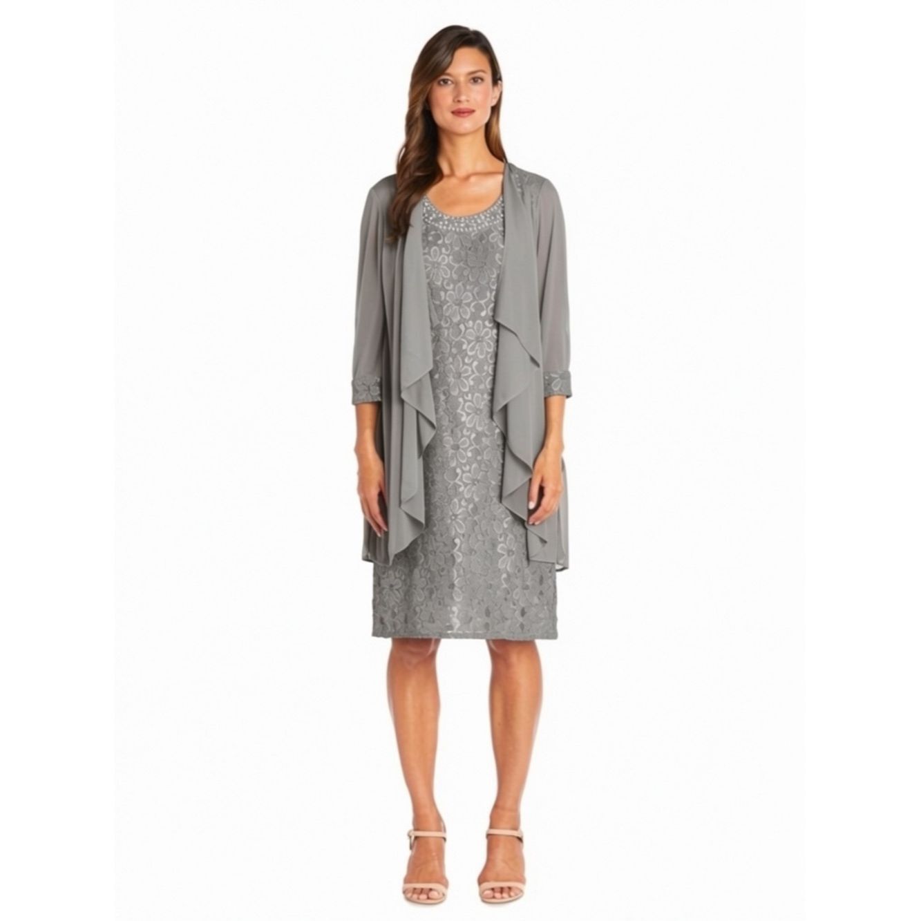 Other NWT New R&M Richards Beaded Dress And Flyaway Jacket Grey S Size L / US 10 / IT 46 - 1 Thumbnail