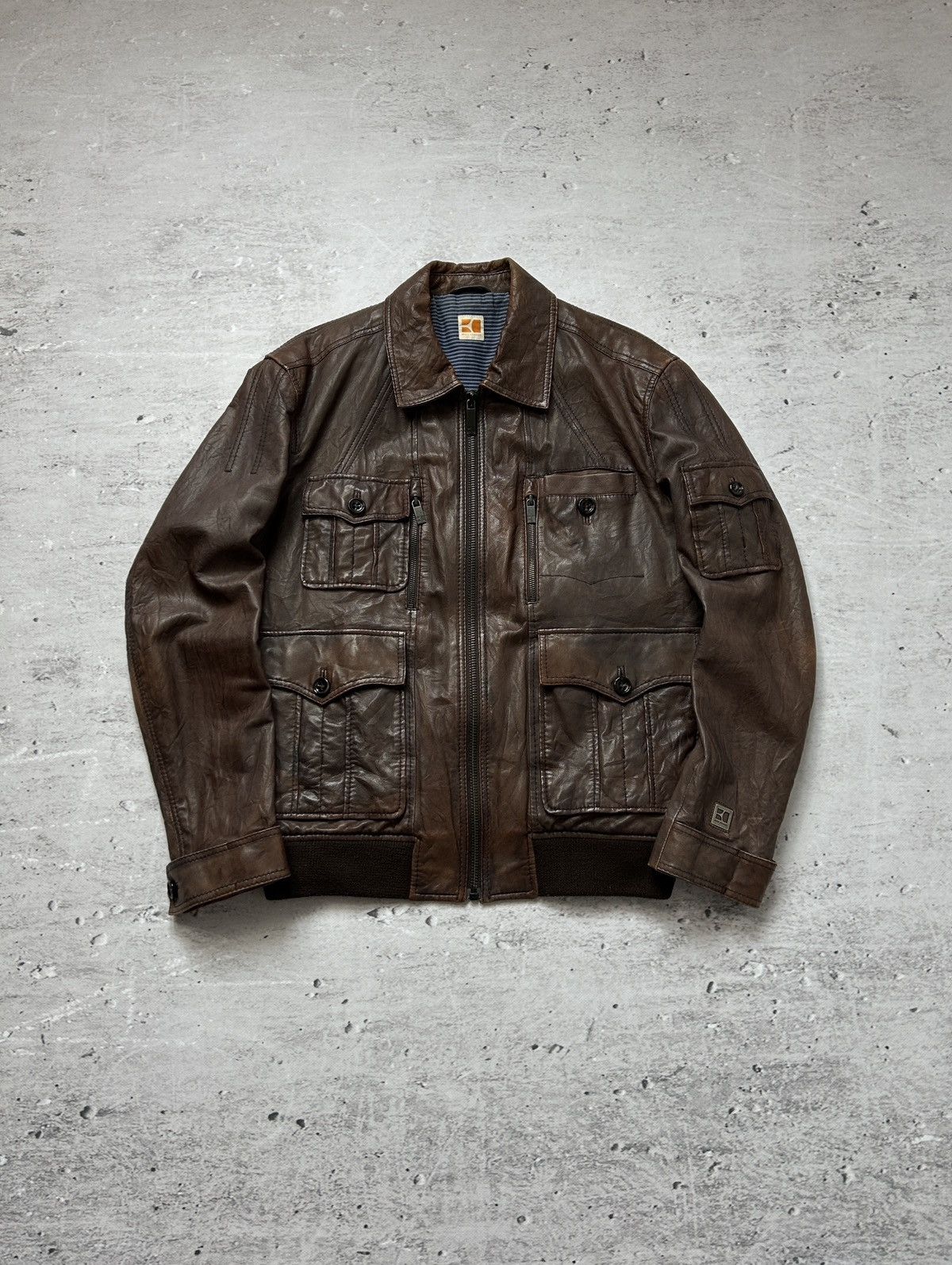 image of Vintage Hugo Boss Orange Multipocket Leather Jacket 90's in Brown, Men's (Size Medium)