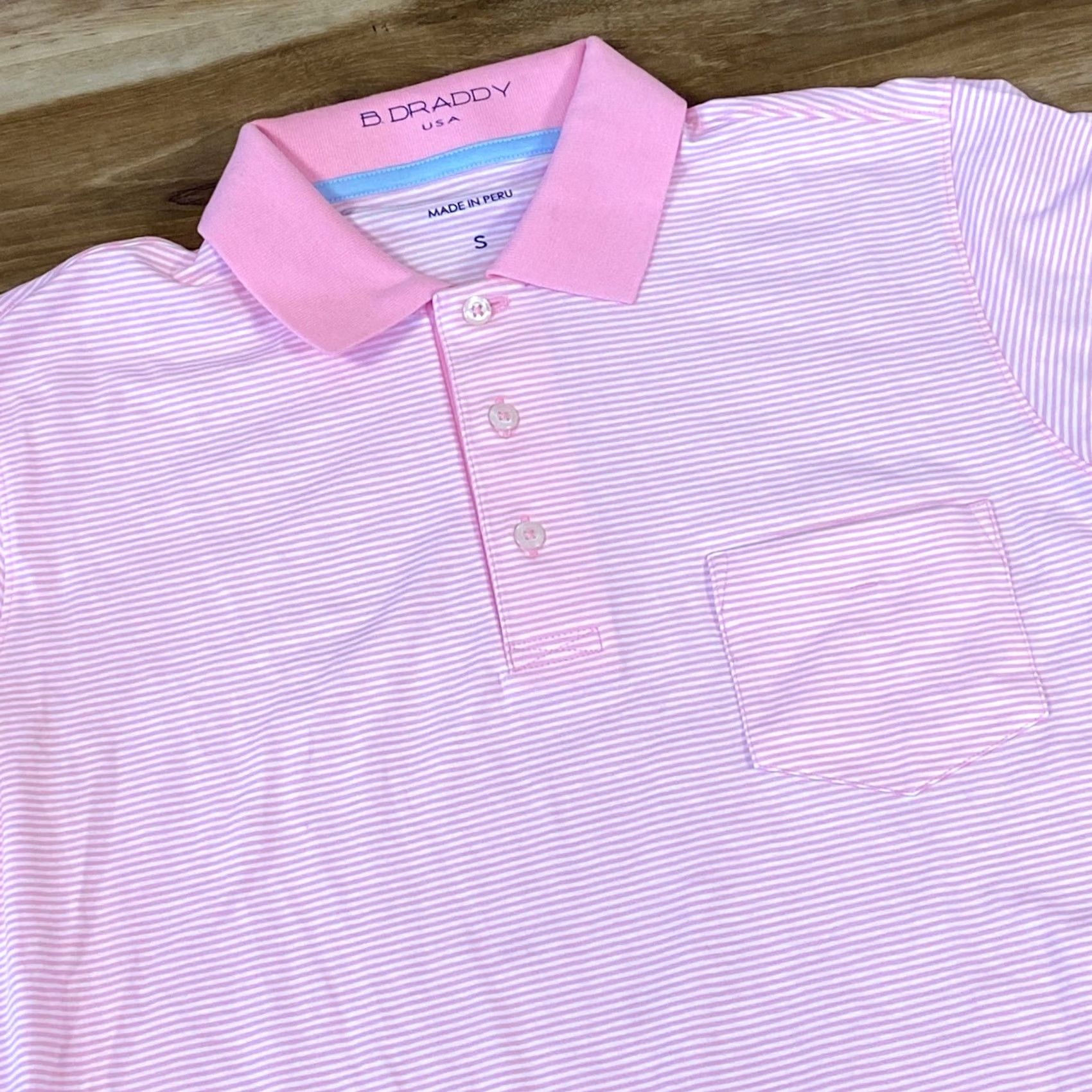 Vintage B. Draddy USA Mens Small Pink White Striped Pima Cotton Stretch Golf Polo Shirt Size US S / EU 44-46 / 1 - 2 Thumbnail