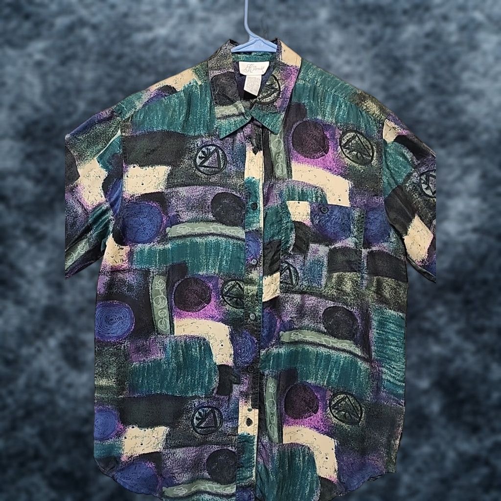 Vintage K. Arnold 100% Silk Women's M Blouse Purple Tan Graphic 80's Print Shoulder Pad Shirt Womens M Purple Tan Graphic 80s Silk Blouse Size M / US 6-8 / IT 42-44 - 1 Thumbnail