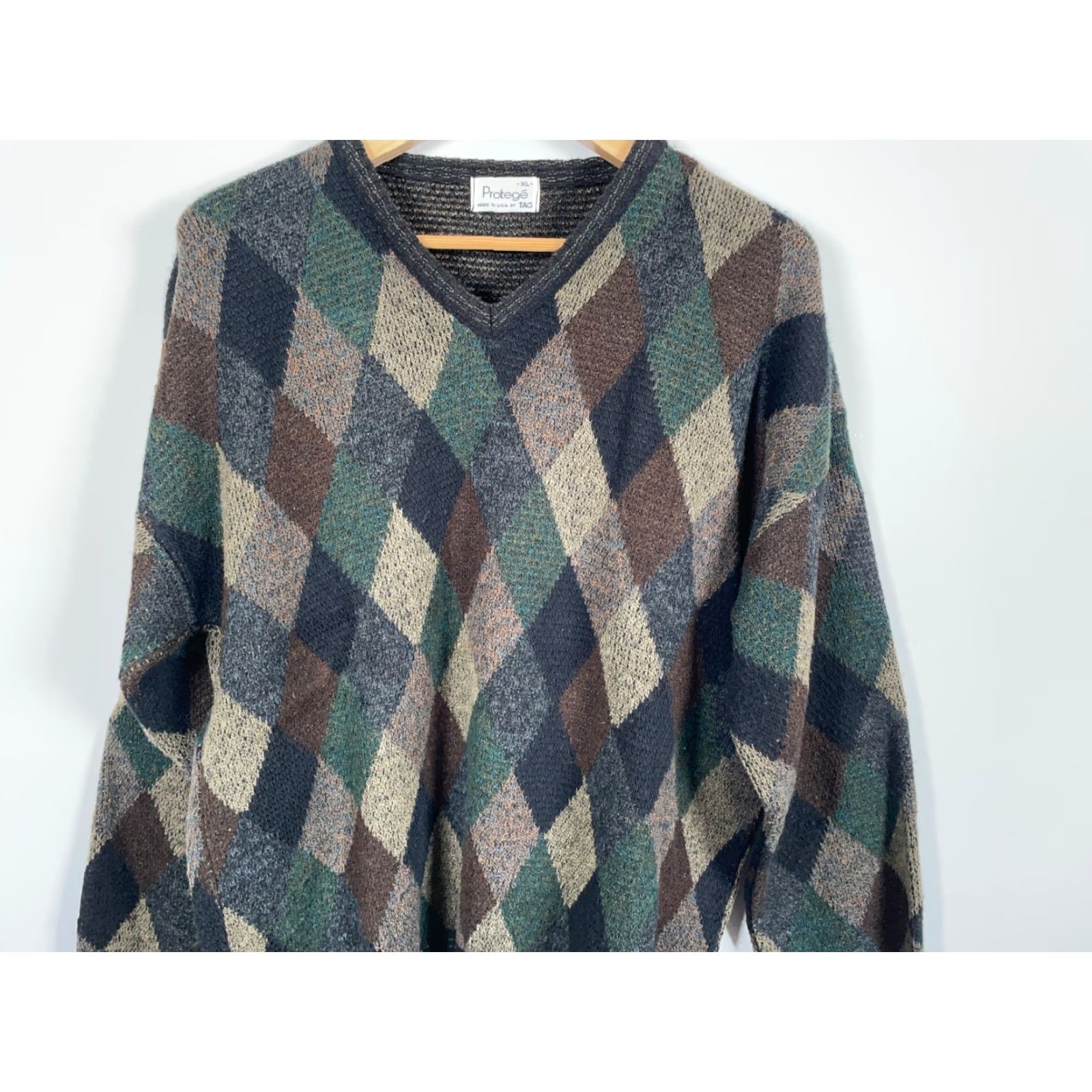 Vintage VINTAGE Protege Sweater Men XL Brown Green Argyle Diamond V-Neck USA Made Knit VTG Size US XL / EU 56 / 4 - 4 Thumbnail