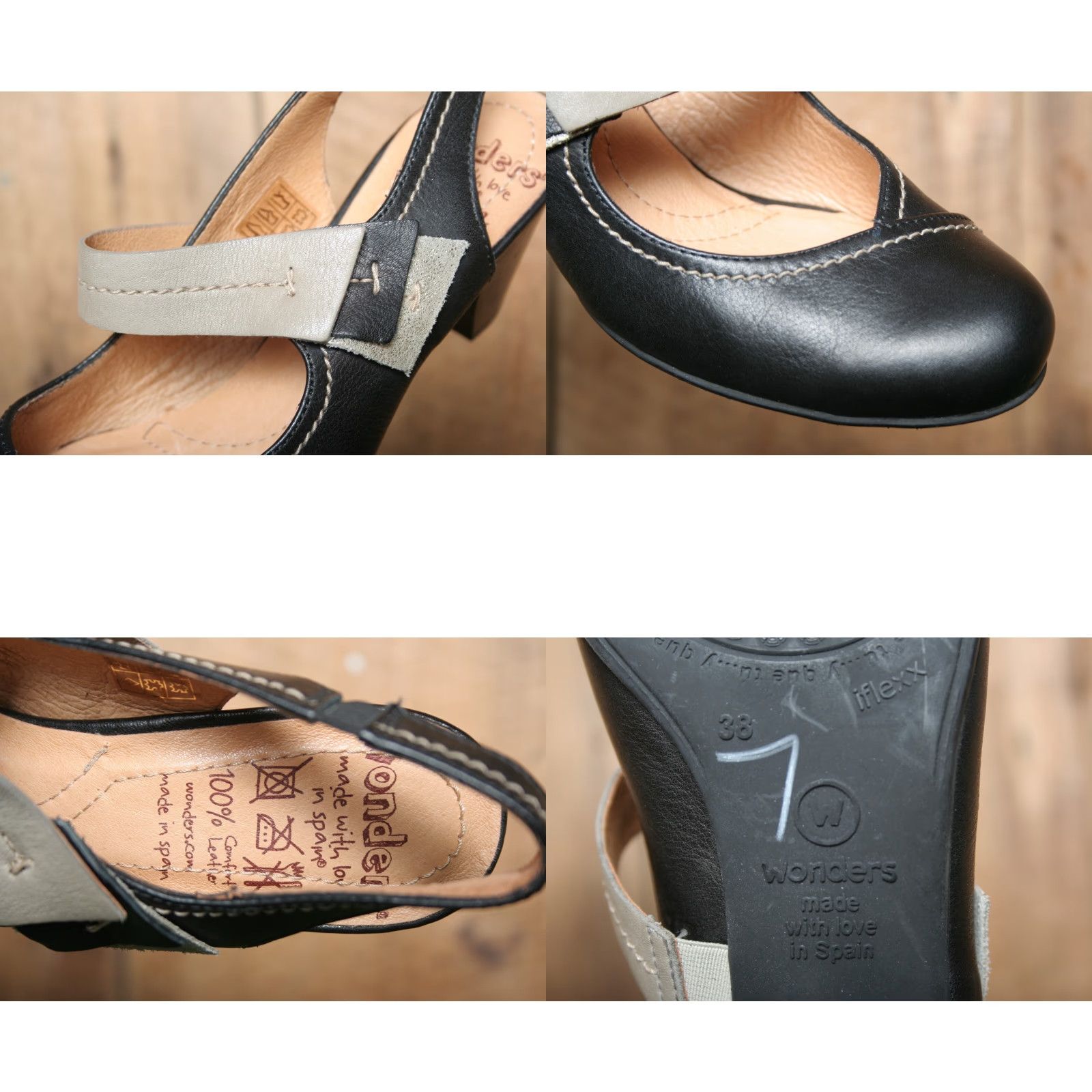 Vintage WONDERS Black & Taupe Leather Slingback Mary Jane Pumps Womens Slip On Heels 7.5 EU 38 US 7.5 Size US 8 / IT 38 - 8 Thumbnail