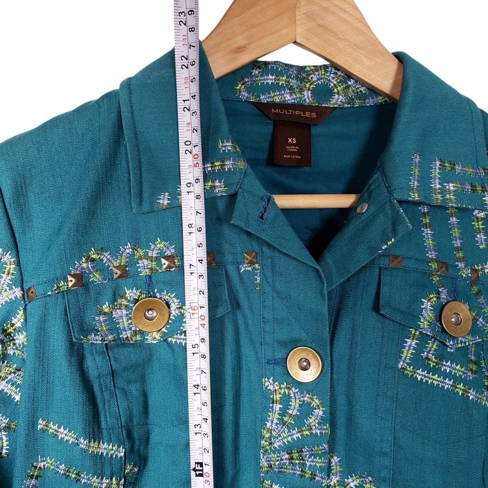 Vintage Multiples Embroidered Denim Jacket XS Turquoise Blue Size XS / US 0-2 / IT 36-38 - 2 Thumbnail