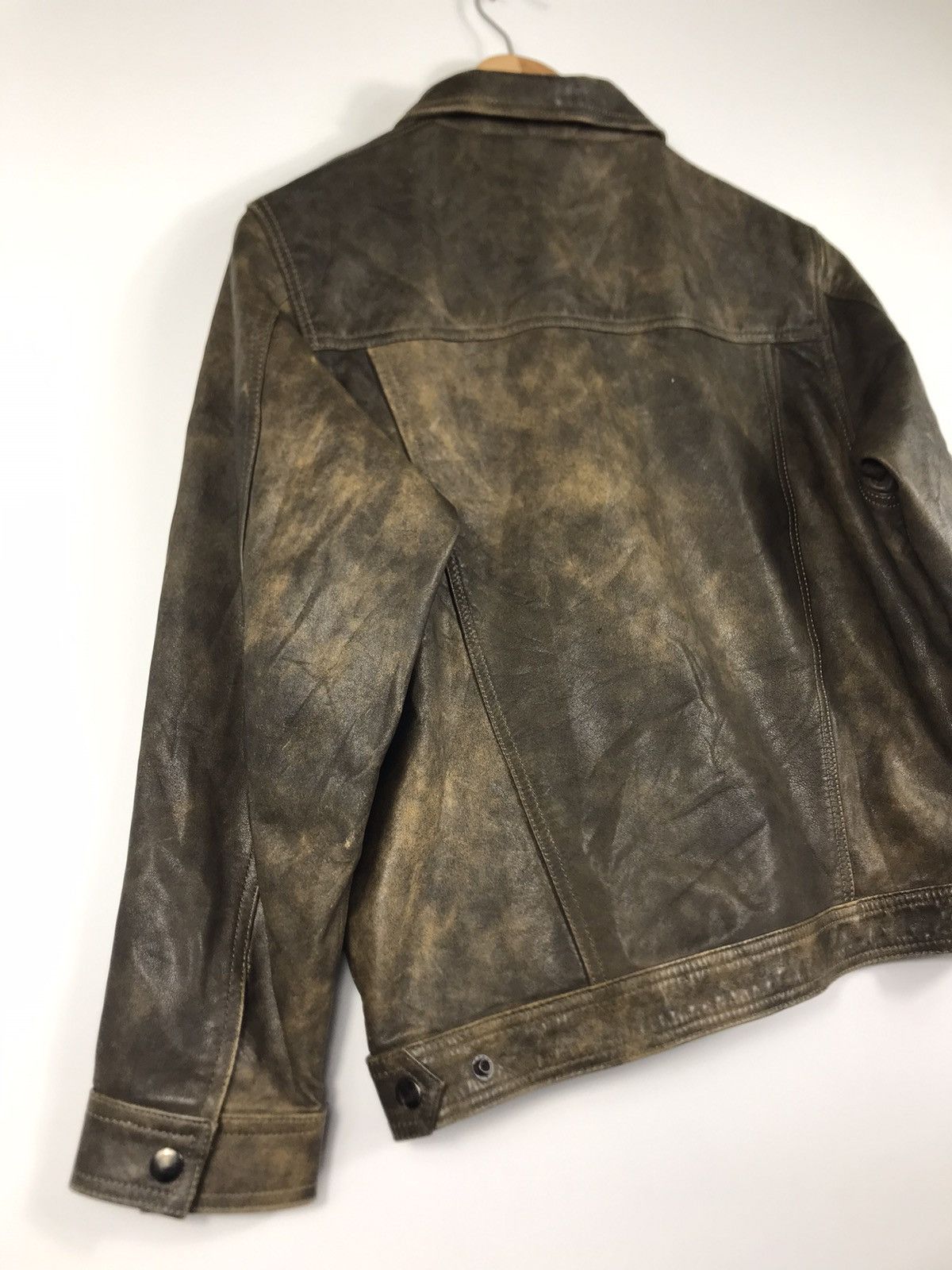 Japanese Brand × Vintage ⚡️Vintage Cross-Way Distressed Faded Leather Trucker Jacket Size XS / US 0-2 / IT 36-38 - 15 Thumbnail