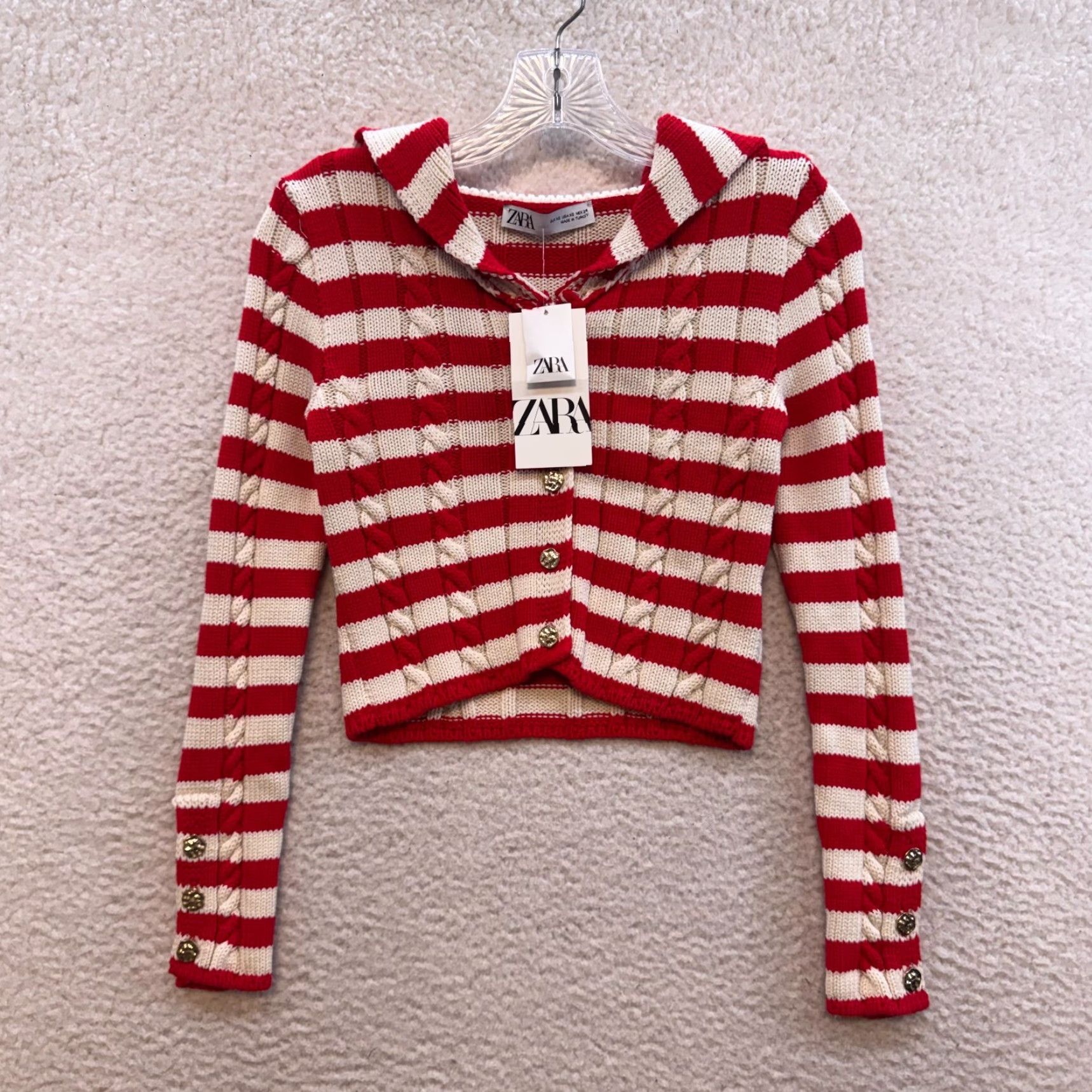 Zara Zara Cardigan Sweater XS Red White Striped Cable Knit Crop NWT Womens Size XS / US 0-2 / IT 36-38 - 2 Thumbnail