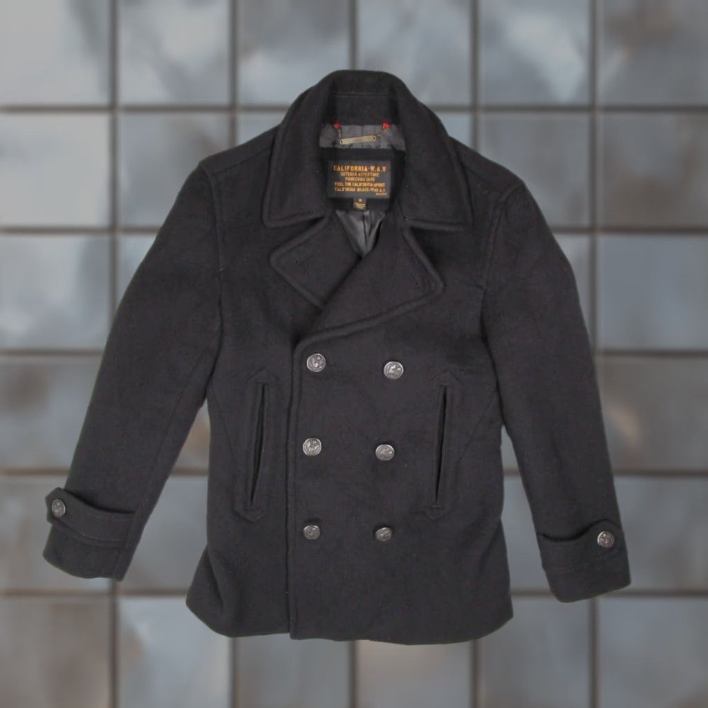 WHO.A.U California Dream Jacket Mens S Black Wool Blend Pea Coat Military Button Pockets Classic Short Coat