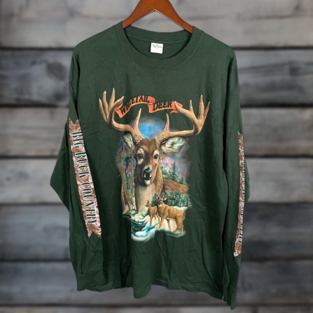 Vintage VINTAGE Keya Men’s Long Sleeve T-Shirt XL Dark Green Whitetail Deer Nature Outdoor Animal Graphic 90s Size US XL / EU 56 / 4 - 1 Thumbnail