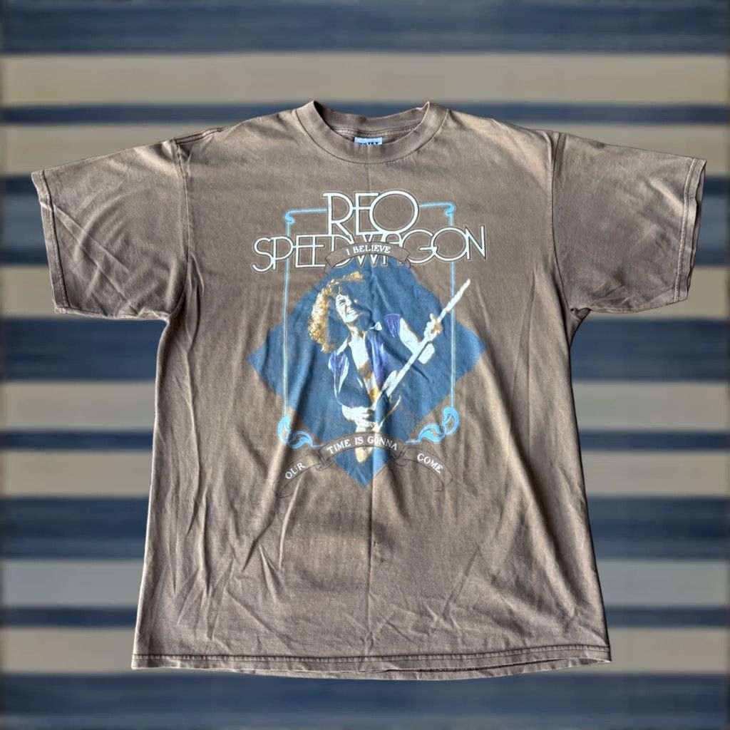 Tultex VINTAGE REO Speedwagon Tour 25 Year Anniversary T-Shirt XL Mens Brown Cotton Short Sleeve Crew Neck Size US XL / EU 56 / 4 - 1 Thumbnail