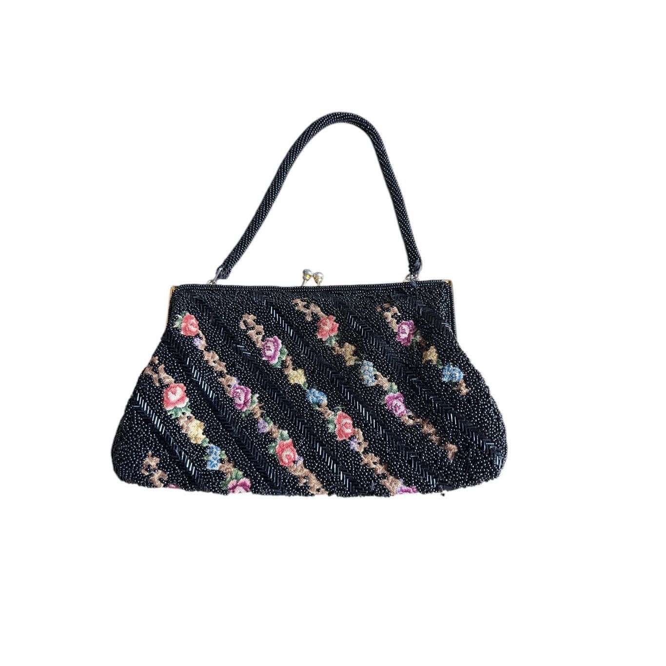 Other Vintage Beaded Handbag Black Beads Over Tapestry Kiss Lock C Size ONE SIZE - 3 Thumbnail
