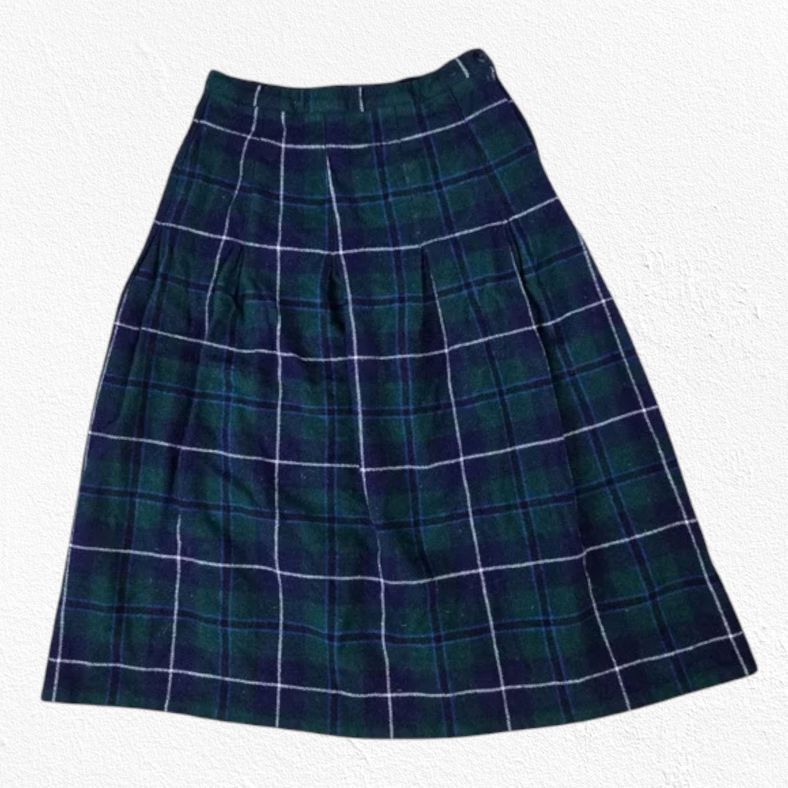 Vintage 90s Green Navy Tartan Plaid Wool Midi Skirt Size 8 Size 30" / US 8 / IT 44 - 2 Thumbnail