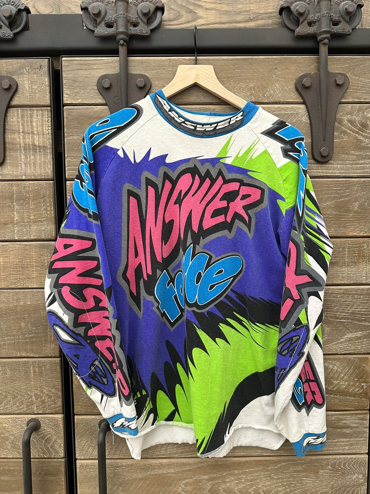 Vintage AMAZING RARE Vintage 90s " Answer Force " Neon Long Sleeve Size US L / EU 52-54 / 3 - 9 Thumbnail