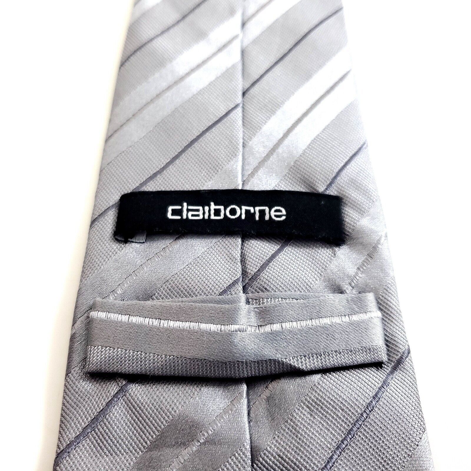 Liz Claiborne Claiborne Silver Striped Woven Skinny Silk Tie Size ONE SIZE - 3 Thumbnail