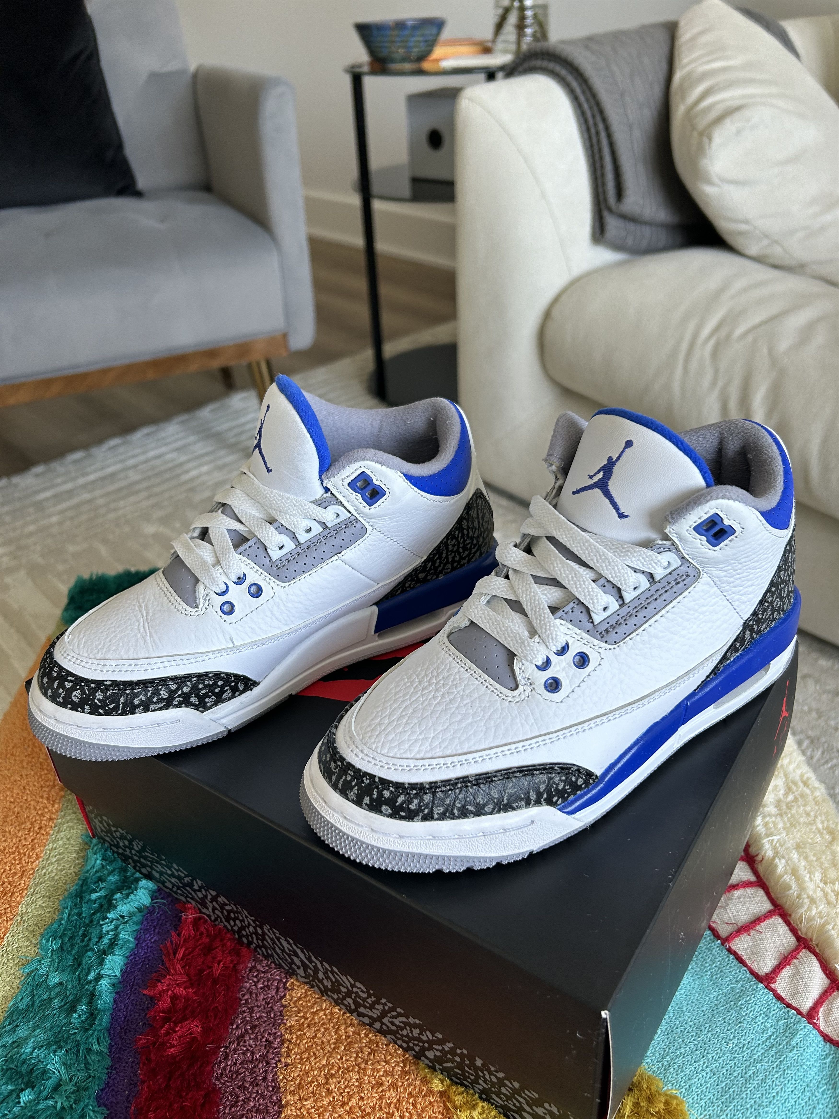 image of Air Jordan 3 Retro (Gs) Shoes in White/Racer Blue/Black, Women's (Size 6)