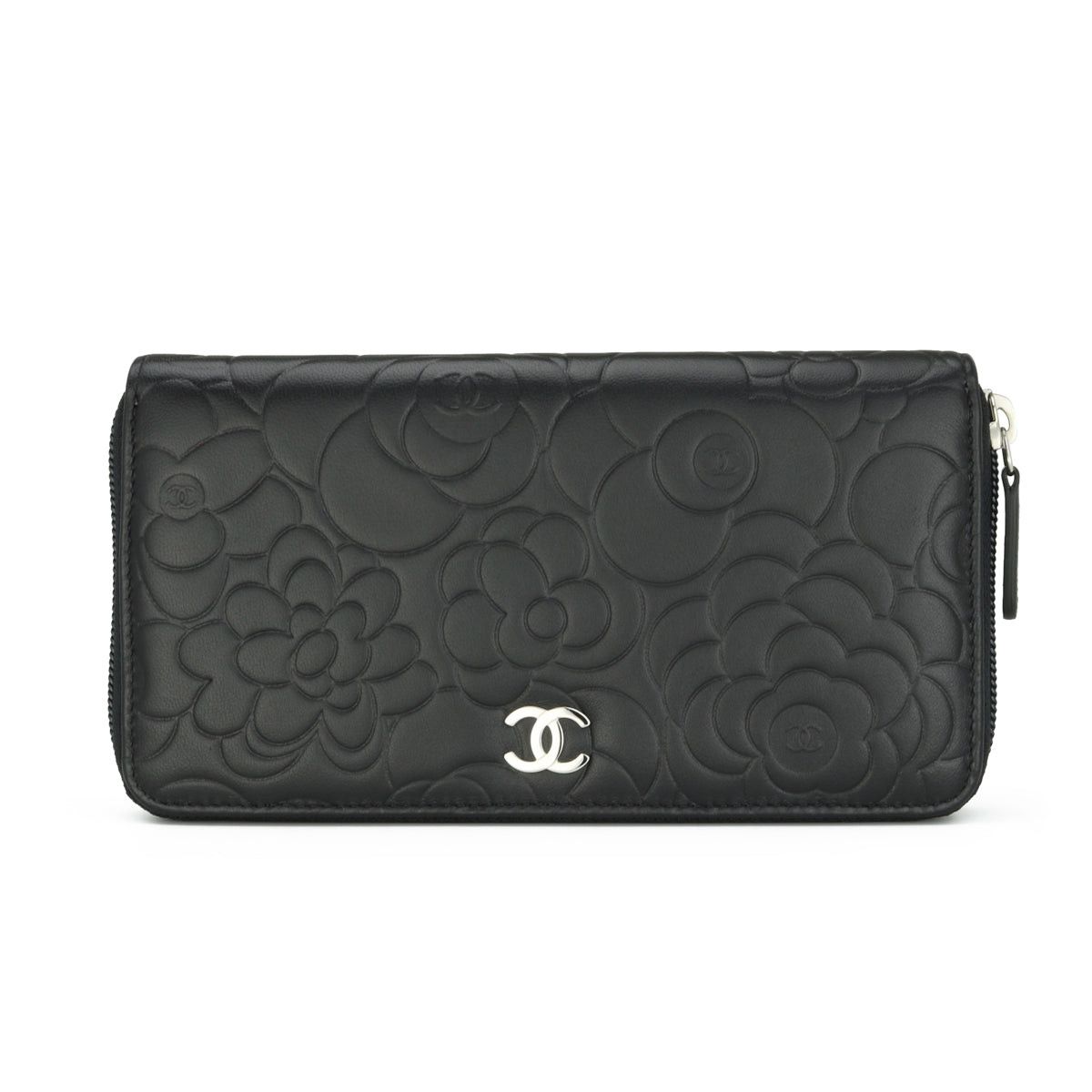 image of Chanel Camellia Long Zipped Wallet Black Lambskin Silver Hardware 2013, Women's