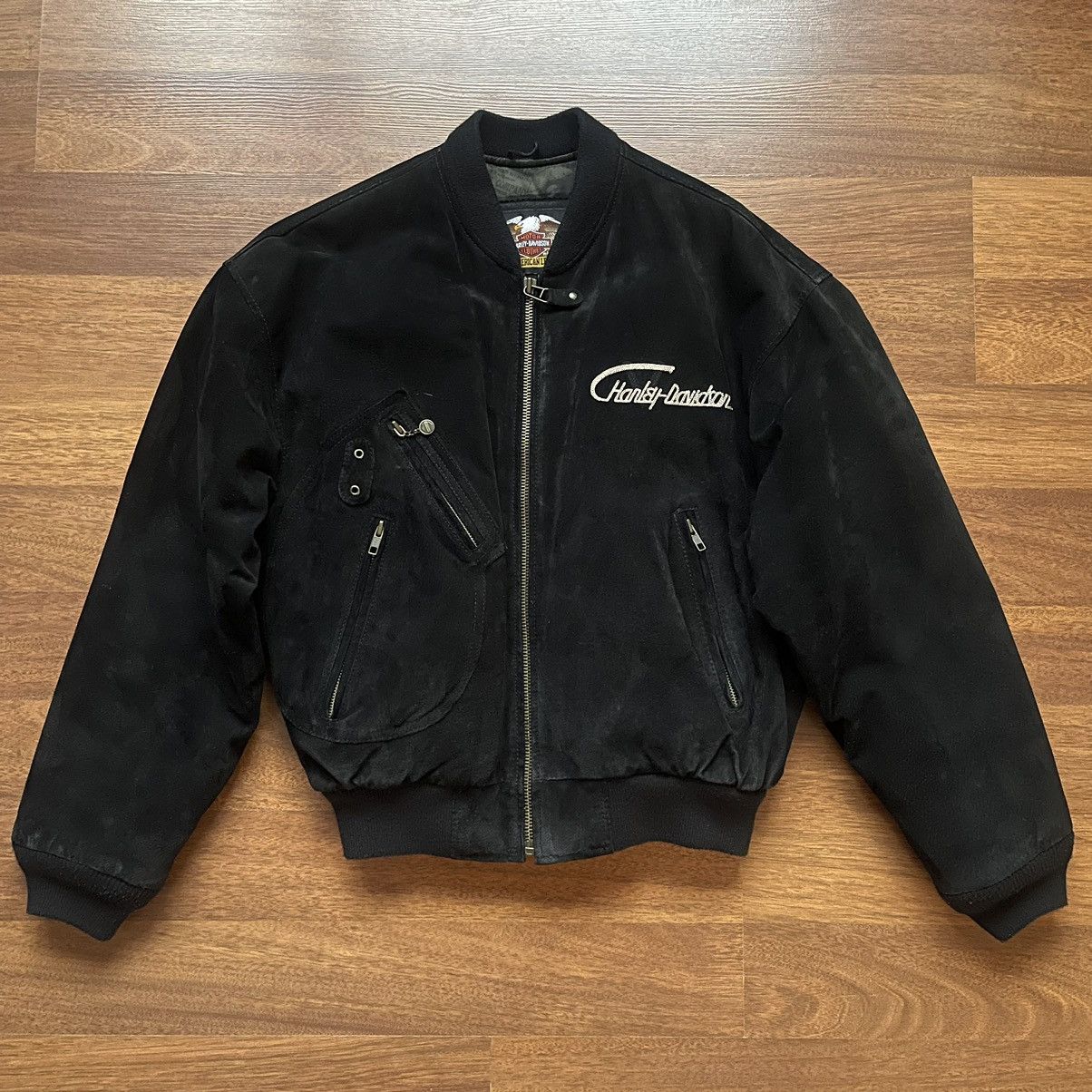 image of Harley Davidson 90's Vintage V-Twin Black Suede Bomber Jacket, Men's (Size Small)