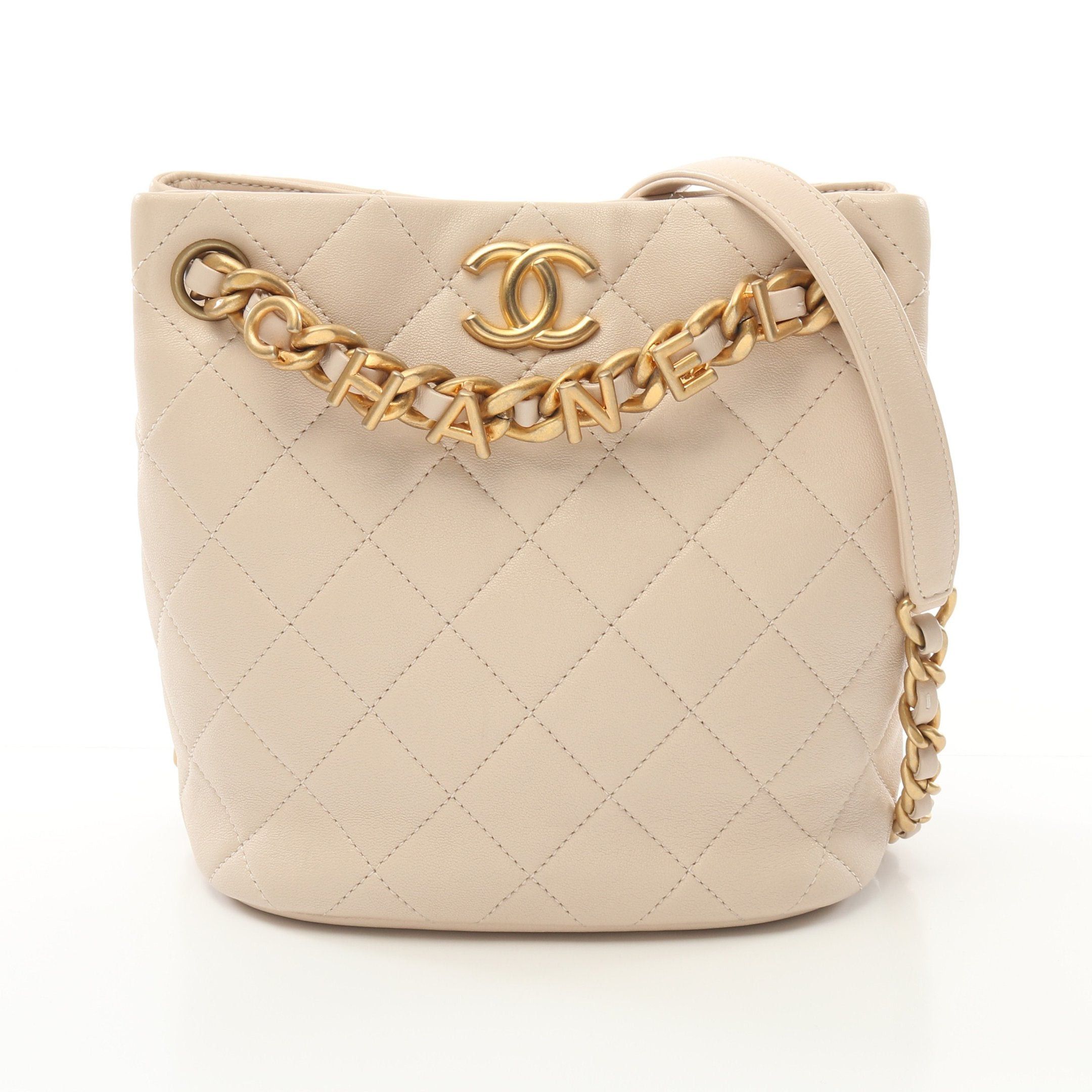 Chanel Small Bucket Bag Matelasse Chain Shoulder Lambskin Light Beige Gold Hardware in Neutrals, Women's
