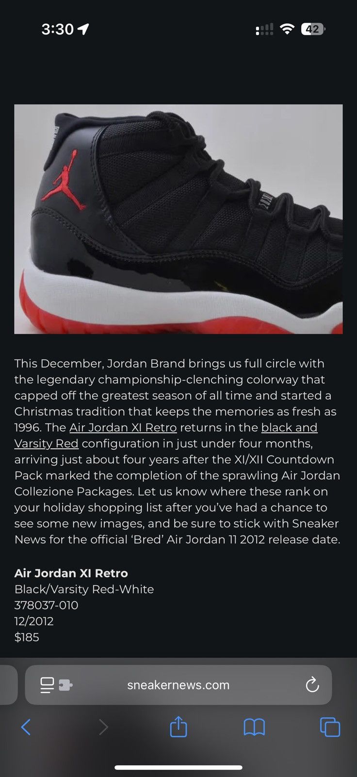 Jordan Brand × Nike A/W 2012 Nike Air Jordan 11 Retro "Bred" Size US 9.5 / EU 42-43 - 8 Thumbnail