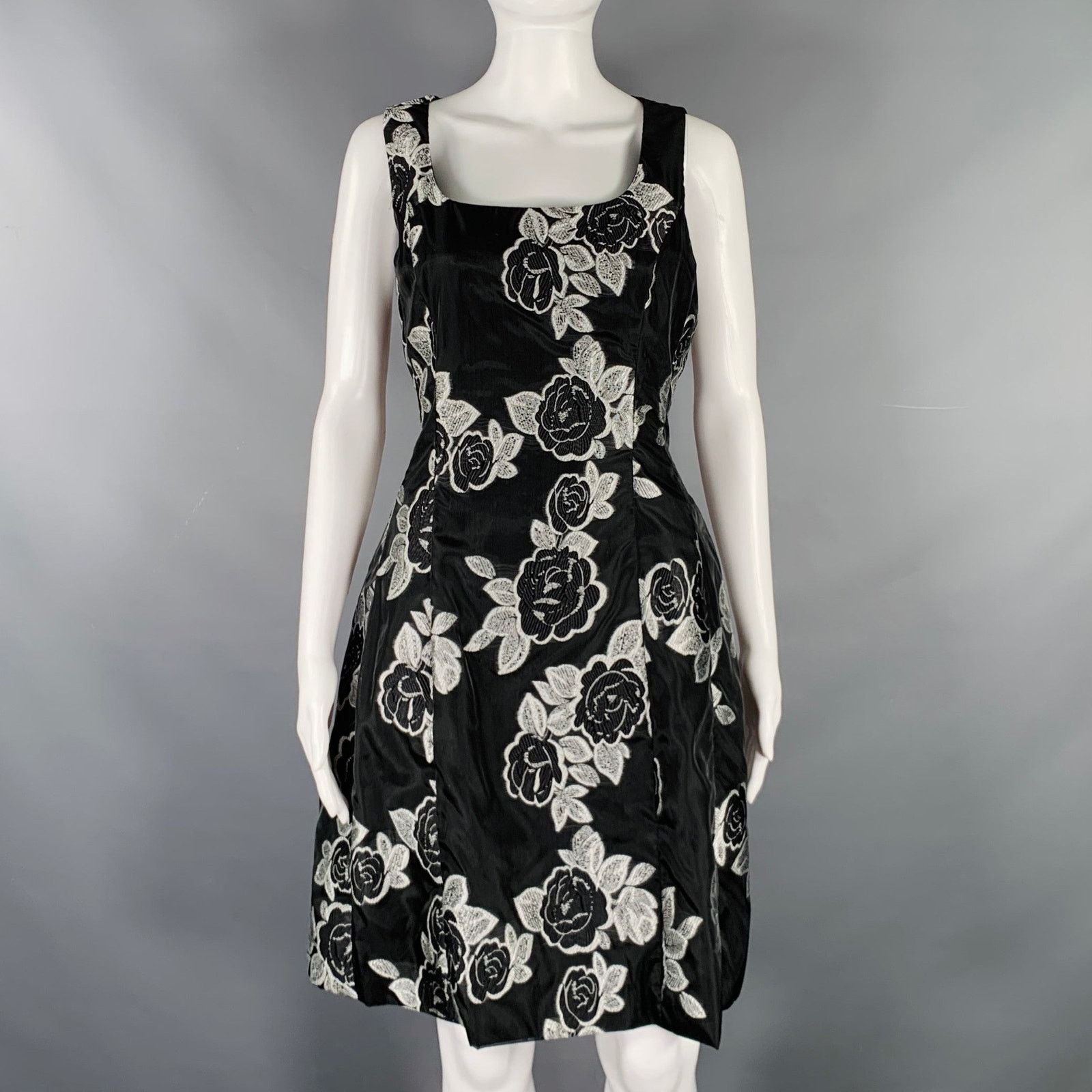 Prabal Gurung Size 10 Black Silver Polyester Floral A-Line Cocktail Dress Size L / US 10 / IT 46 - 1 Thumbnail