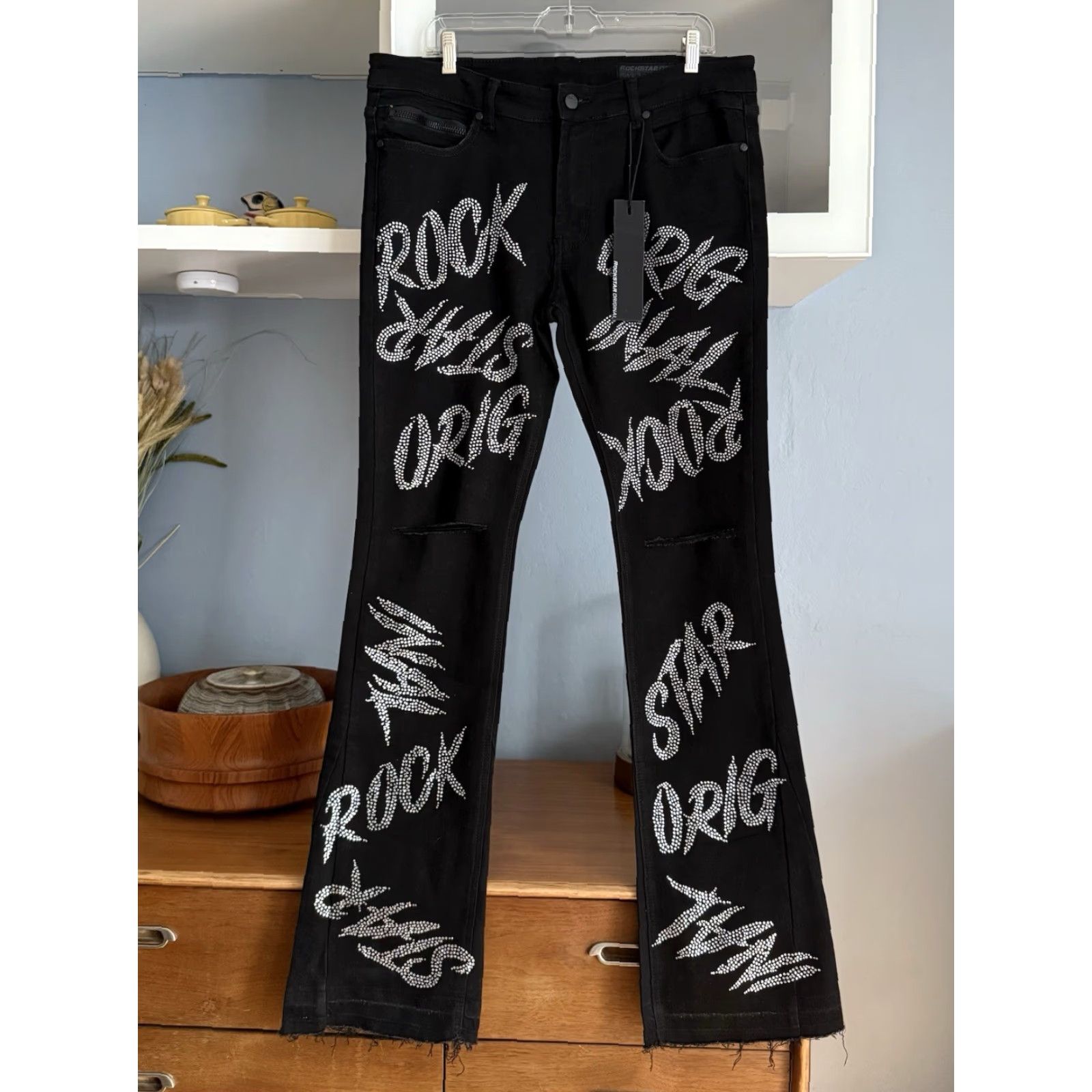 Vintage VINTAGE Rockstar Original STACKED JEANS Flared 90s Hip Hop Rock Black Rhinestone Embellished 36 Mens Size US 36 / EU 52 - 6 Thumbnail