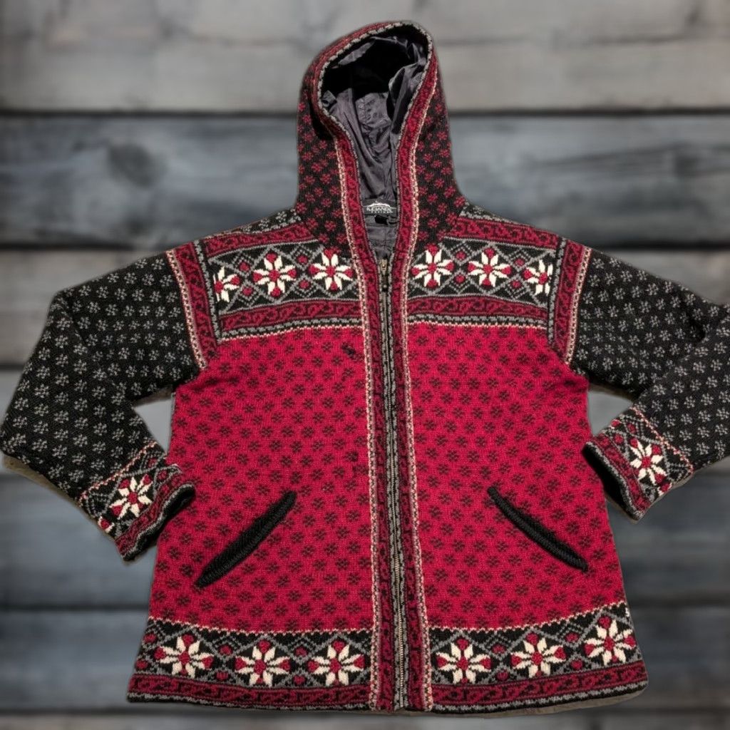 Vintage VINTAGE Icelandic Design Wool Full Zip Lined Hooded Jacket Womens M Red Fair Isle Wool Jacket - Designer, Casual, Travel, Short Sleeve? Size M / US 6-8 / IT 42-44 - 1 Thumbnail