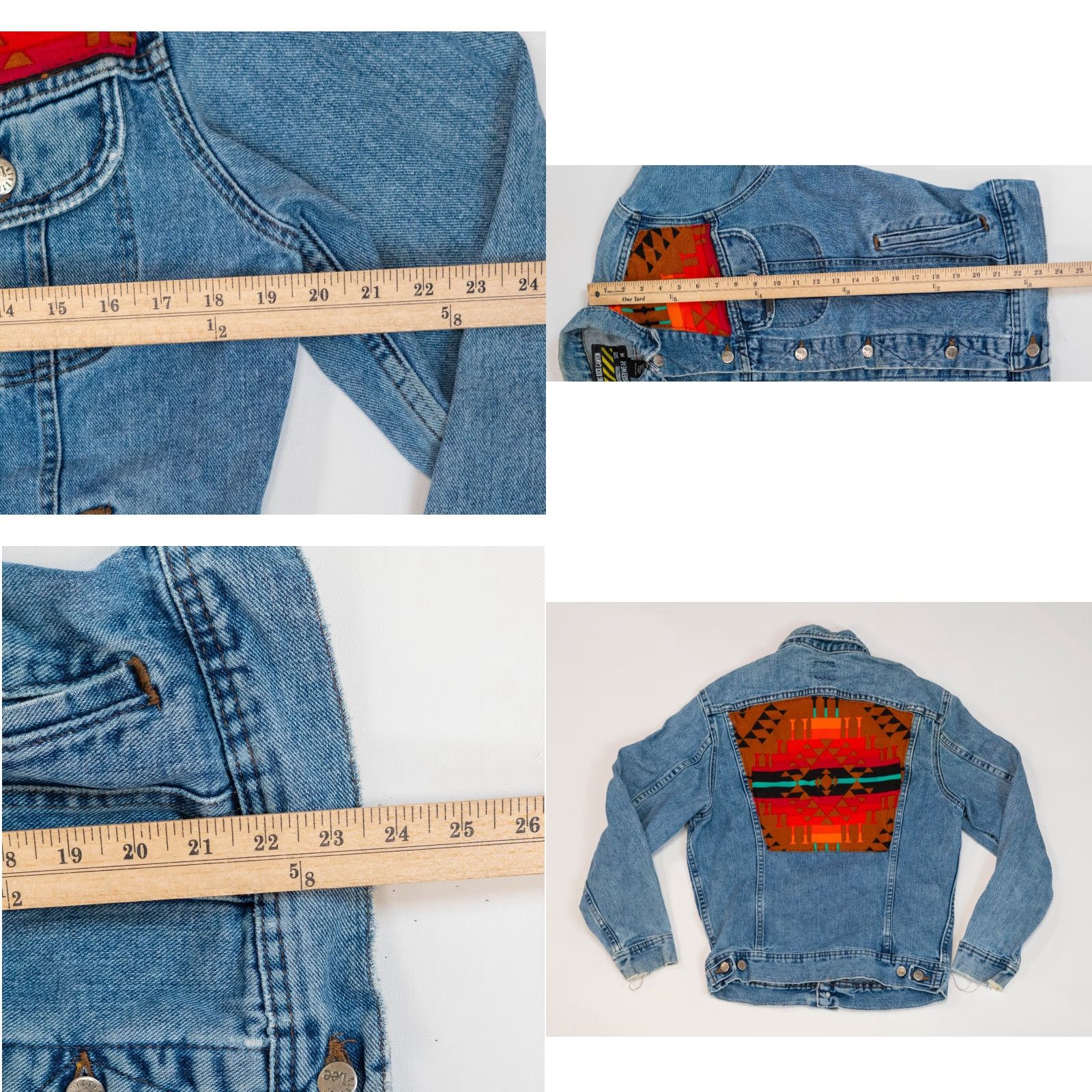 VINTAGE Lee Aztec Denim Jacket Women M Patchwork Trucker Bomber Jacket 80s 90s Western USA Rockabilly VTG Vintage