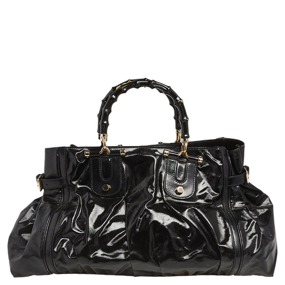 image of Gucci Black Coated Canvas And Leather Dialux Pop Bamboo Satchel, Women's