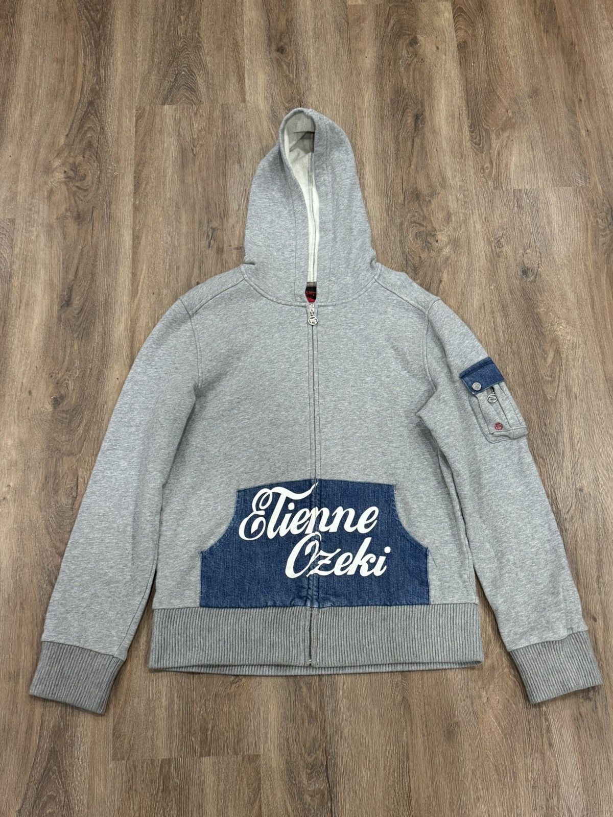 Etienne Ozeki Denim Panel Zip-Up Hoodie Grey Blue – Rare