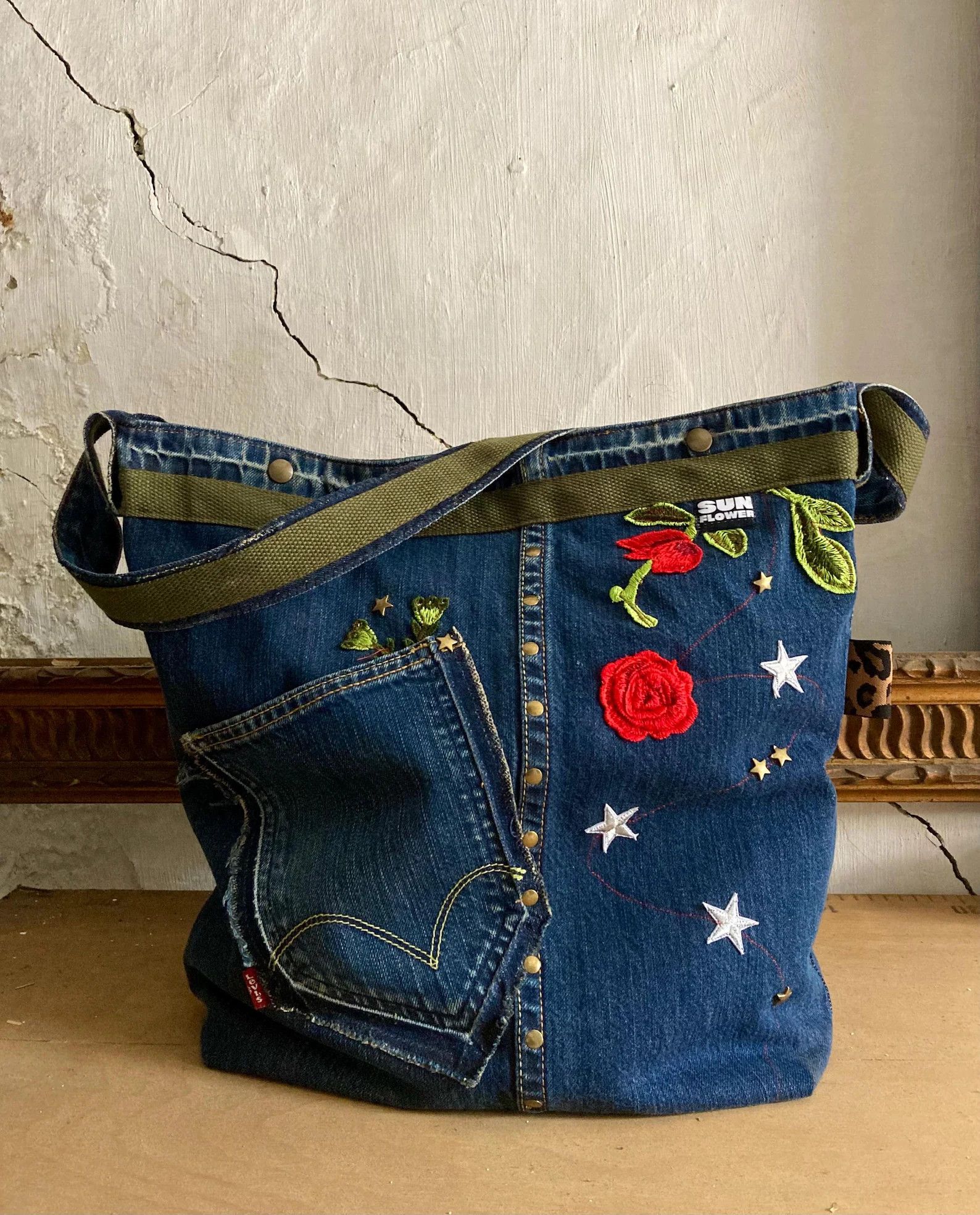 Sunflower upcycled Levis tote bag Size ONE SIZE - 3 Thumbnail