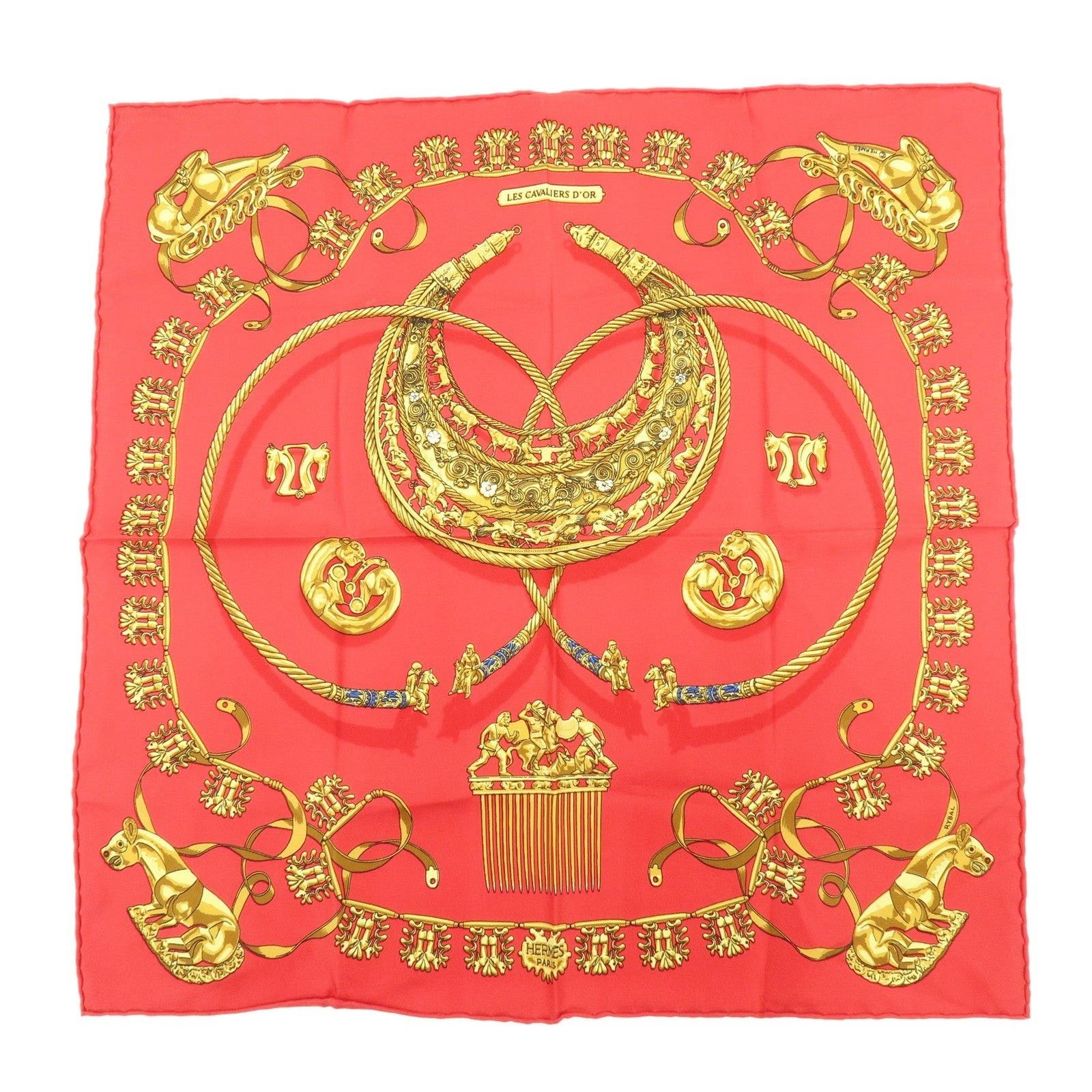 Hermes Hermes Carre 40 Les Cavaliers d'Or Silk Scarf Red Size ONE SIZE - 1 Thumbnail