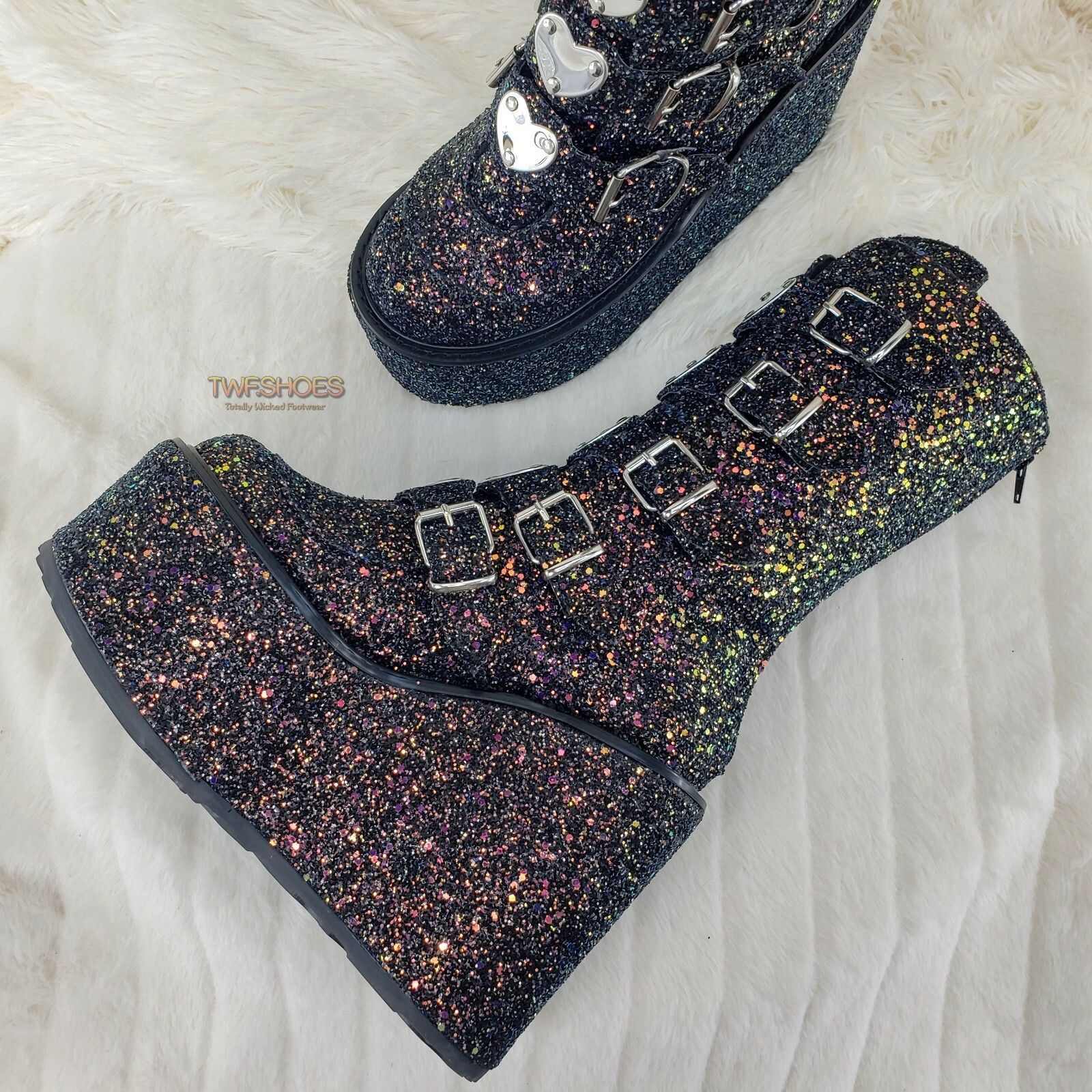 Demonia Cult DEMONIA Swing 230G Black Glitter Platform Boots Heart Strap Size US 7 / IT 37 - 3 Thumbnail