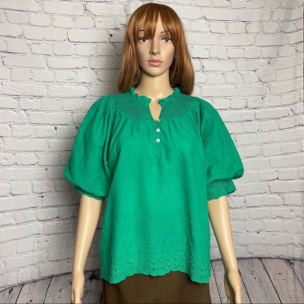 House of Harlow NWT New House of Harlow Emerald Green Eyelet Smocked Cotton Size L / US 10 / IT 46 - 3 Thumbnail