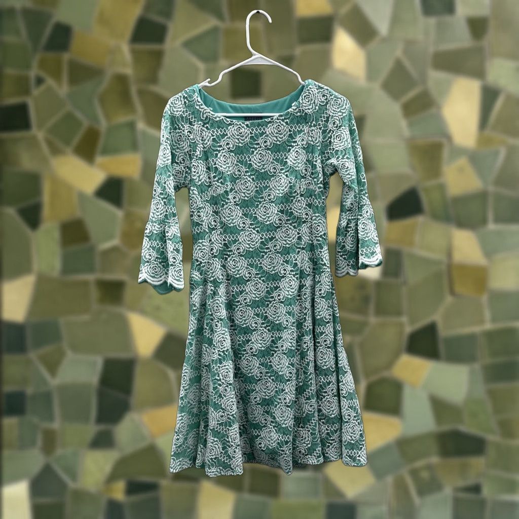 Vintage Rabbit Womens Dress Teal White Lace 3/4 Bell Sleeve Knee Length Size 4 Vintage No Floral Bohemian Designer Style Dresses Size S / US 4 / IT 40 - 1 Thumbnail