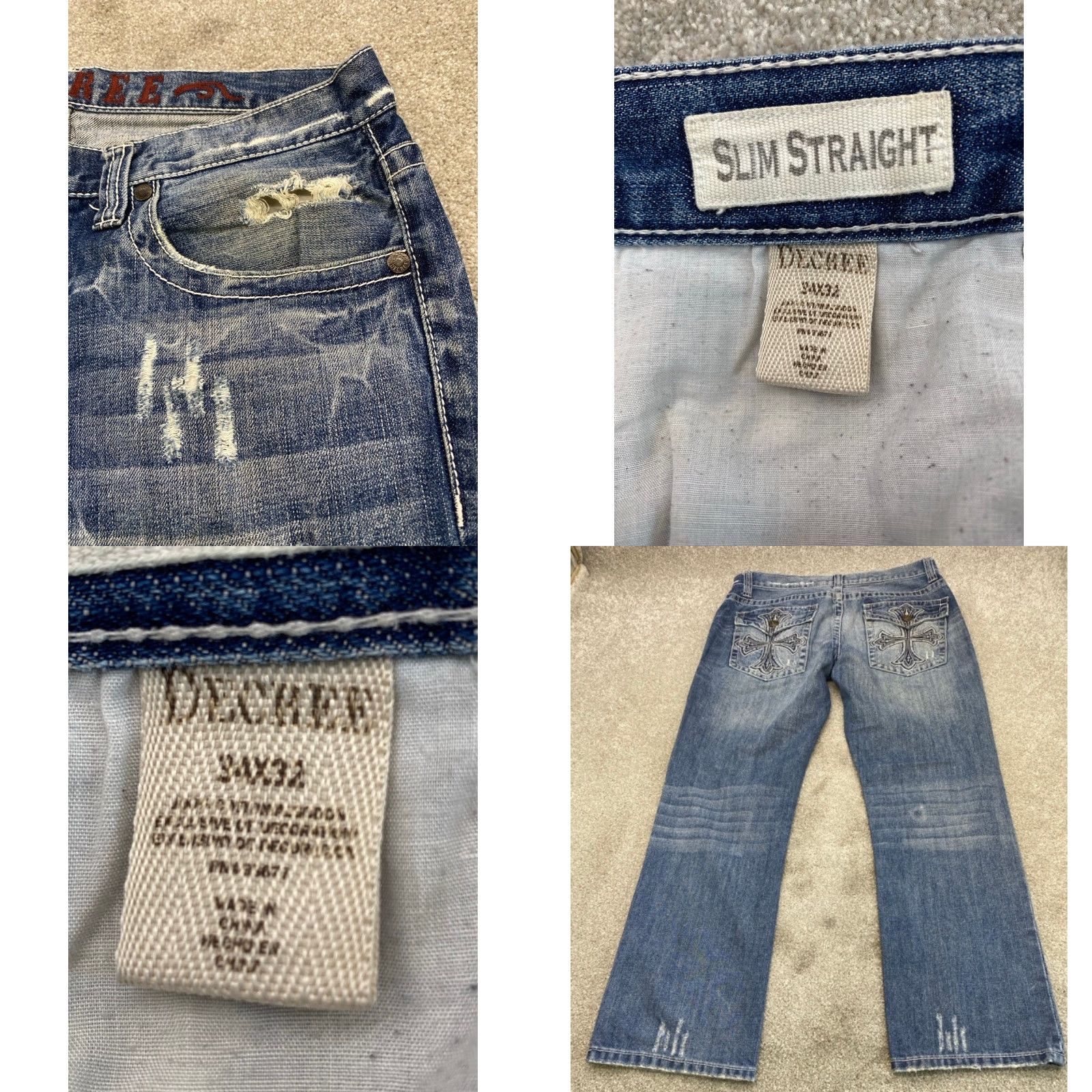 Decree VINTAGE Decree Jeans Mens 34x32 Bootcut Distressed Embroidered Back Pockets 5-Pocket Design Slim Straight 34 Blue Cotton Denim Jeans Mens Size US 34 / EU 50 - 8 Thumbnail