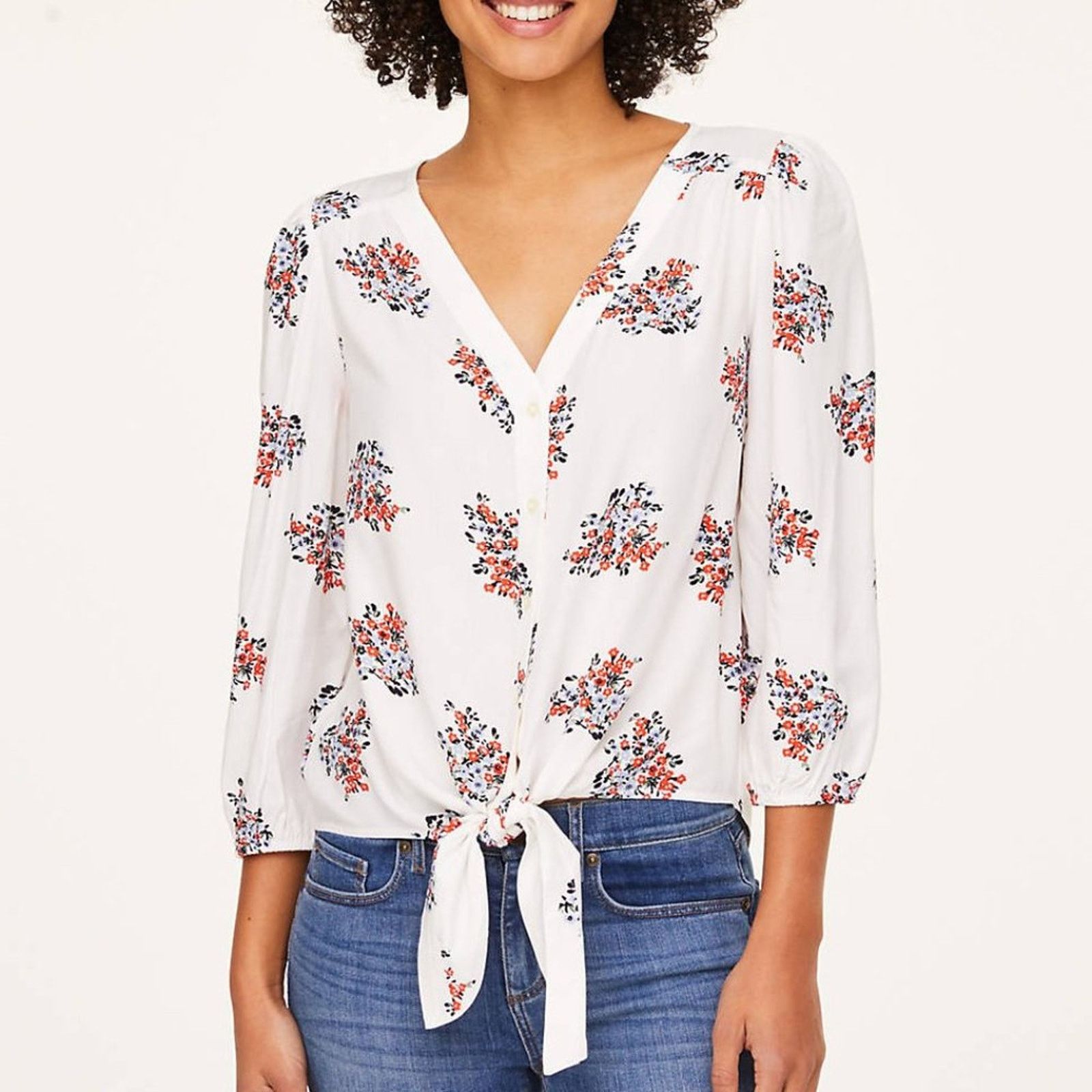 Loft LOFT White Floral Knot Front Shirt Size XS / US 0-2 / IT 36-38 - 2 Thumbnail