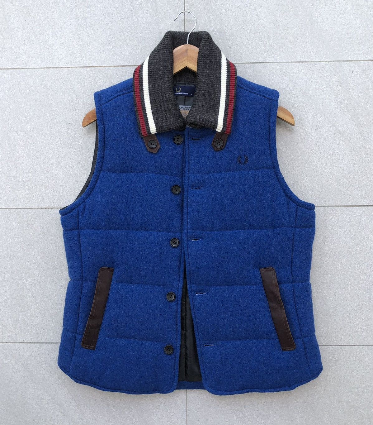 Fred Perry FRED PERRY Thermore Wool and Leather Blue Tweed Padded Vest Size US L / EU 52-54 / 3 - 3 Thumbnail