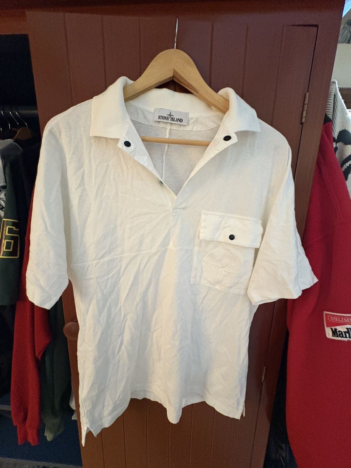 Porter × Stone Island Stone Island White Collared Tee Small – Big Logo Shirt Rare Size US S / EU 44-46 / 1 - 1 Thumbnail