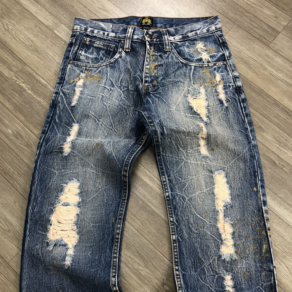 If Six Was Nine × Japanese Brand × Le Grande Bleu (L.G.B.) 2000s Legend Of Glamour Distressed Painted Faded Y2K Jeans Size US 31 - 2 Thumbnail