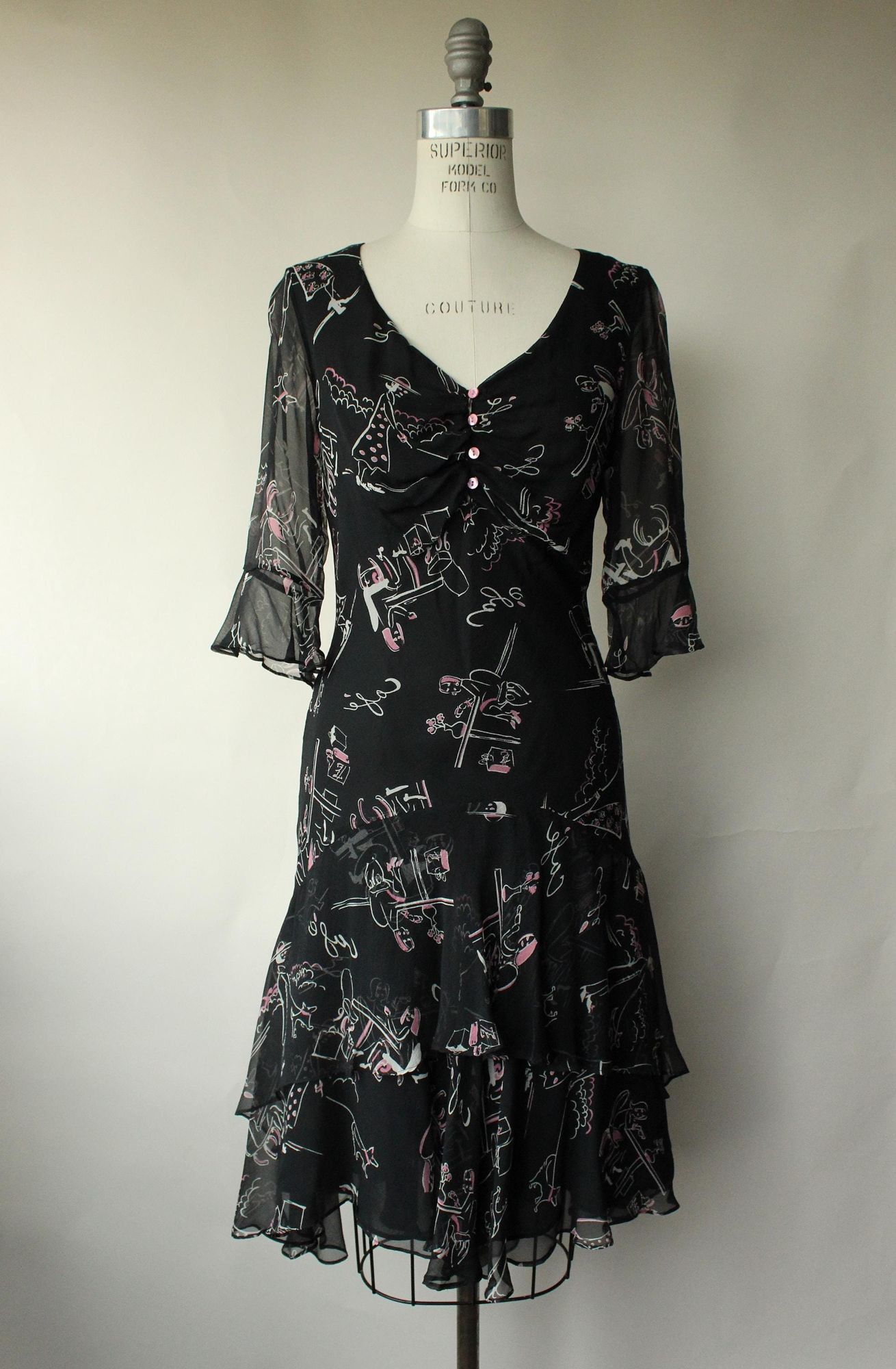 Vintage Vintage 1990s Dress, Ice Black Silk Cafe Print Frock, Does 1 Size M / US 6-8 / IT 42-44 - 3 Thumbnail
