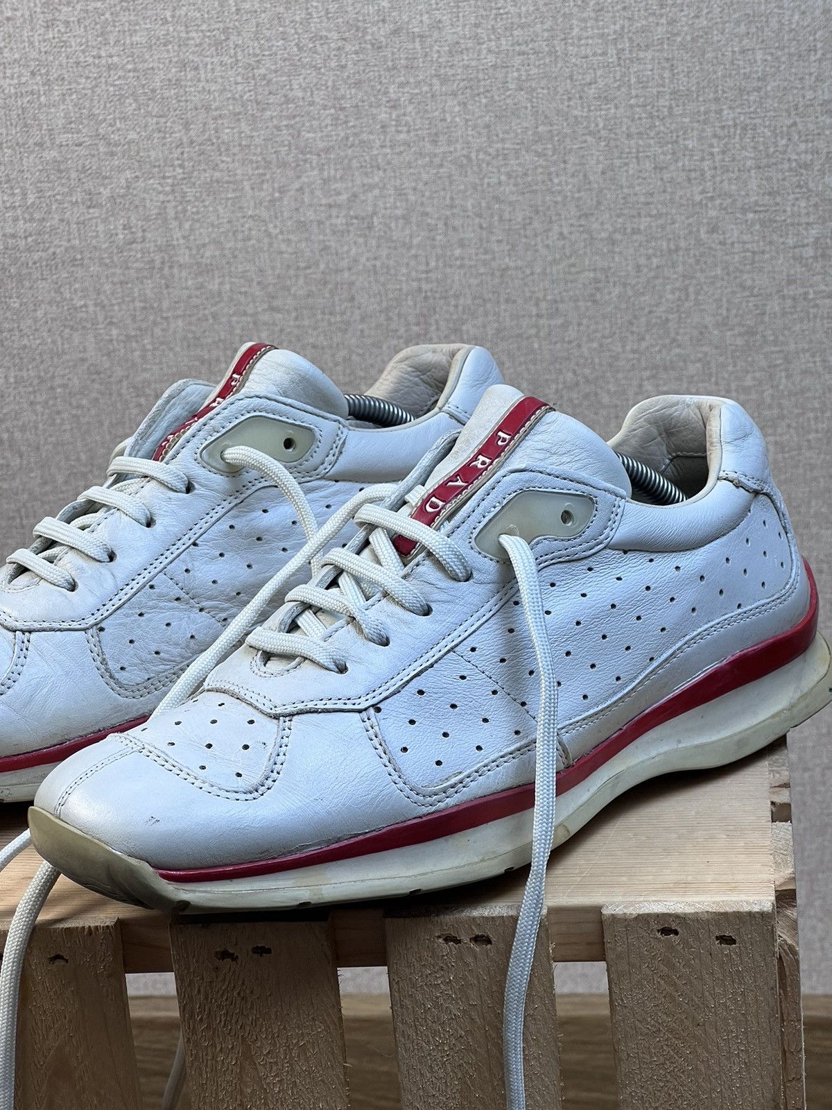 Prada Vintage Prada Red Tab Leather Sneakers Shoes White US: 6.5 Size US 6.5 / EU 39-40 - 3 Thumbnail