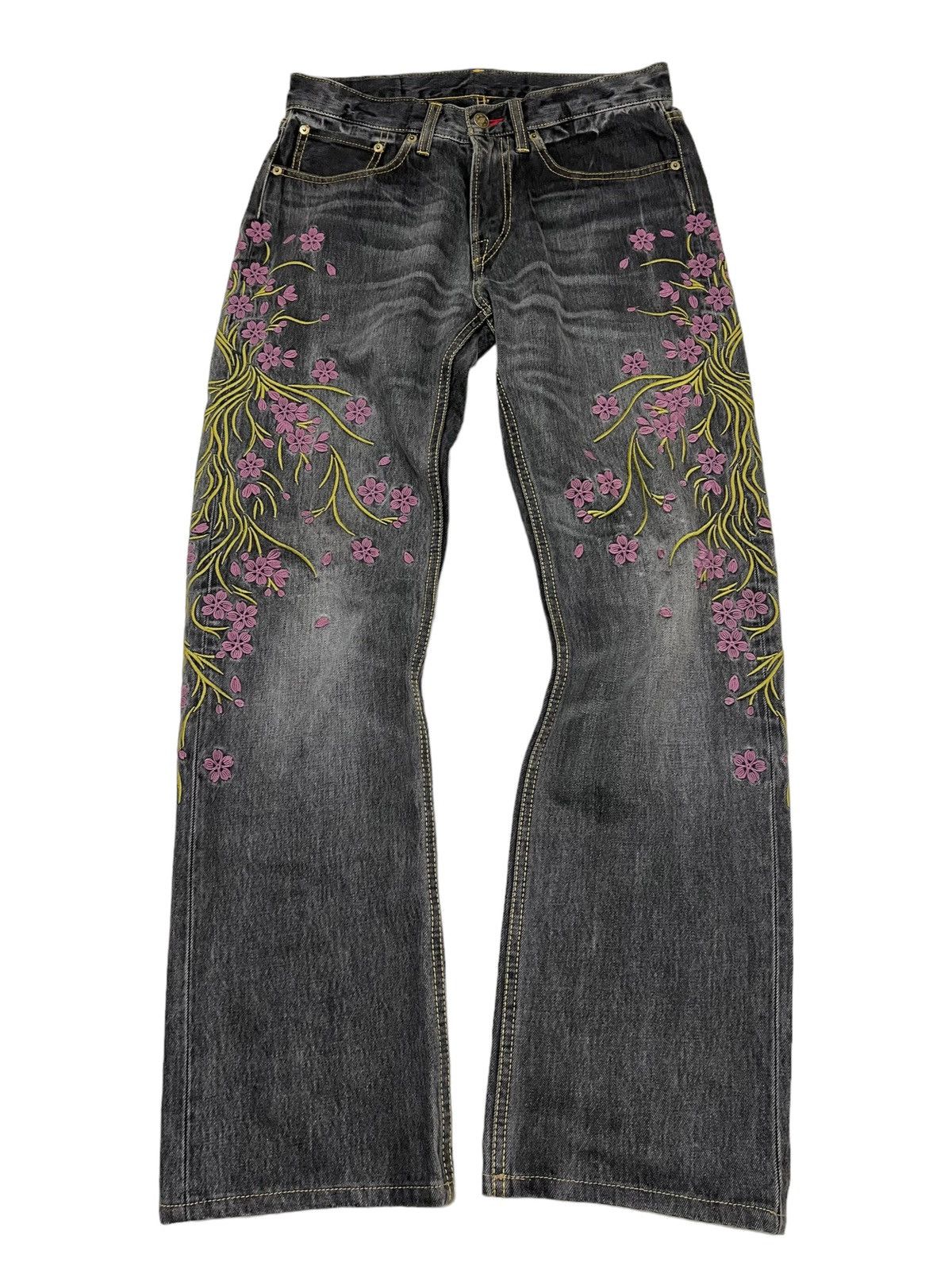 image of Archival Clothing x Eternal Japanese Sakura Emboidered Denim Pants in Washed Gray, Men's (Size 30)