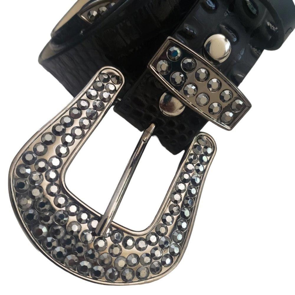 Designer Rhinestone Buckle Unisex Black Leather Belt L/XL, 40" Size ONE SIZE - 2 Thumbnail