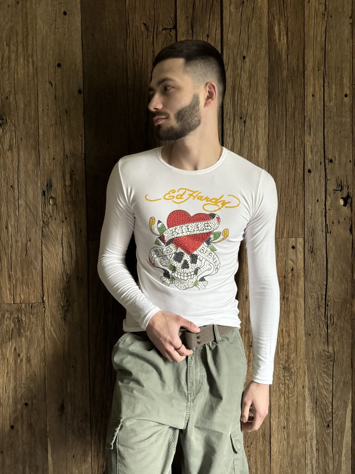 Christian Audigier × Ed Hardy × Vintage Vintage Y2K Ed Hardy Skinny Stretch Long Sleeve Tee Size US S / EU 44-46 / 1 - 1 Thumbnail