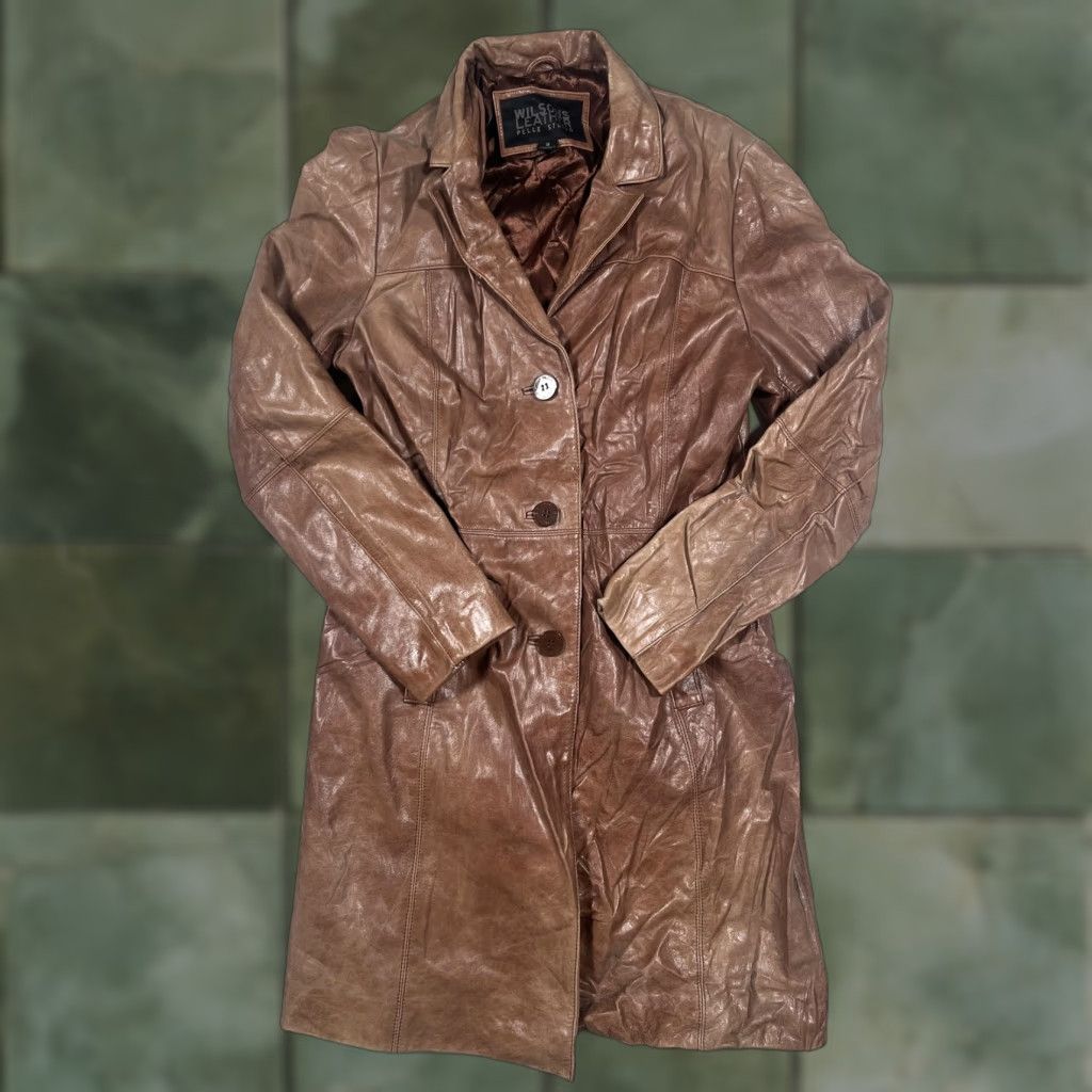 Vintage Wilsons Leather Coat Womens Small Brown Pelle Studio Button Front Lined Long Size S / US 4 / IT 40 - 1 Thumbnail