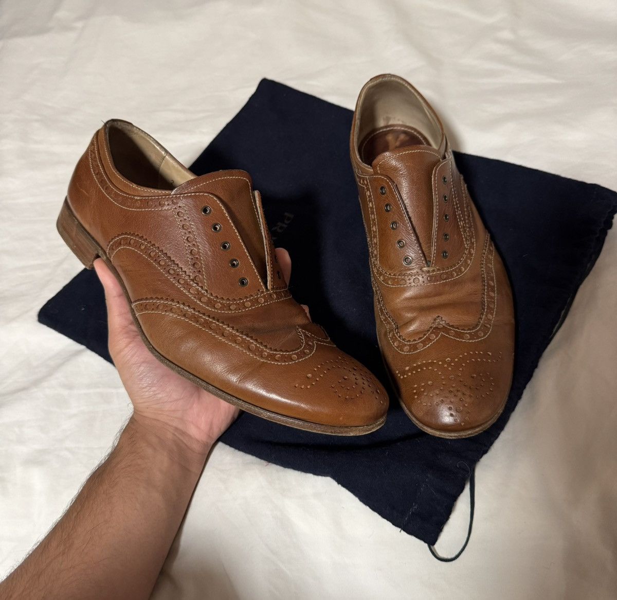 Prada Platform Brogue Brown Leather Wingtip Espadrilles 